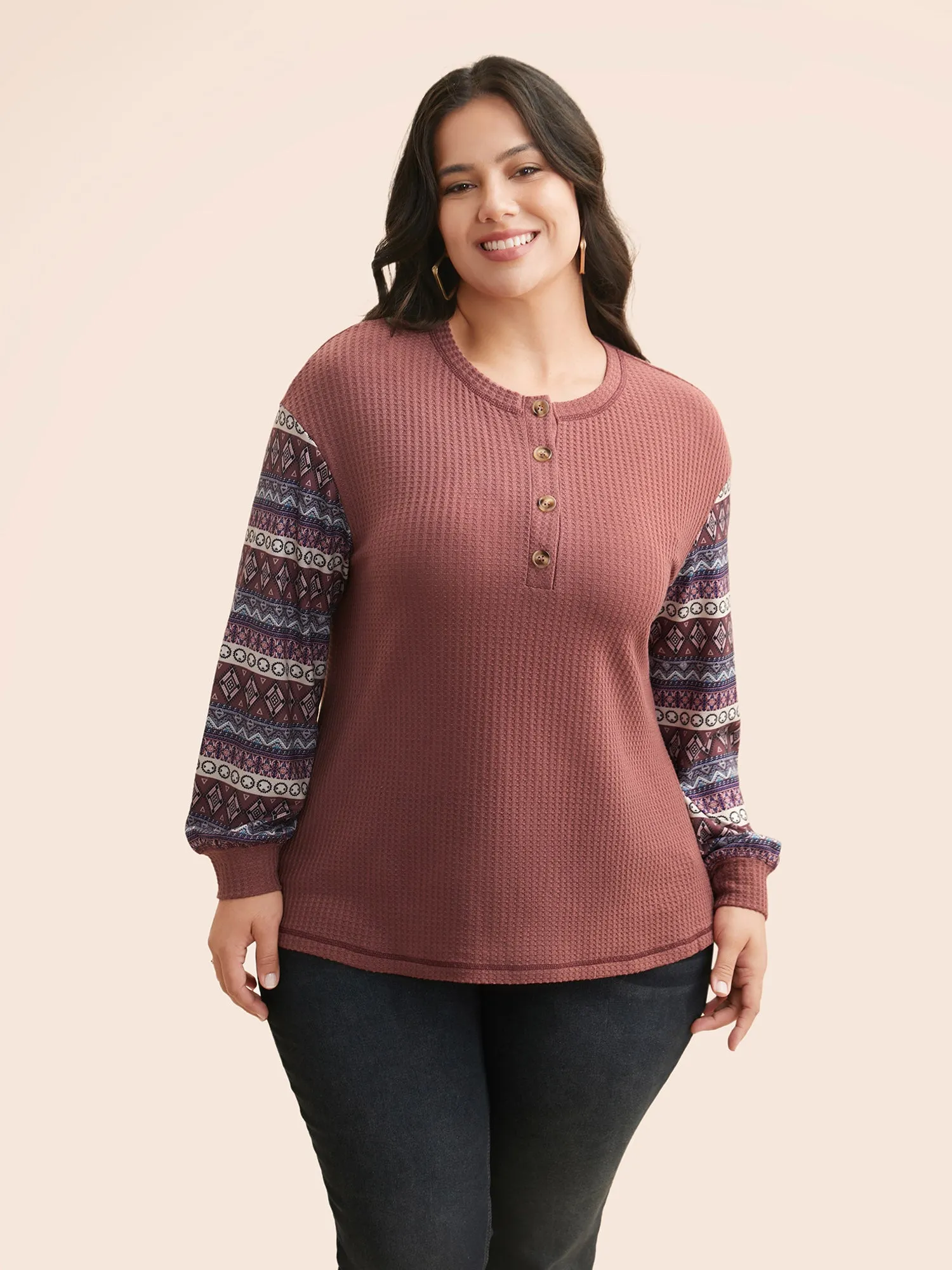 Boho Print Patchwork Waffle Knit T-shirt sold by Bloomchic