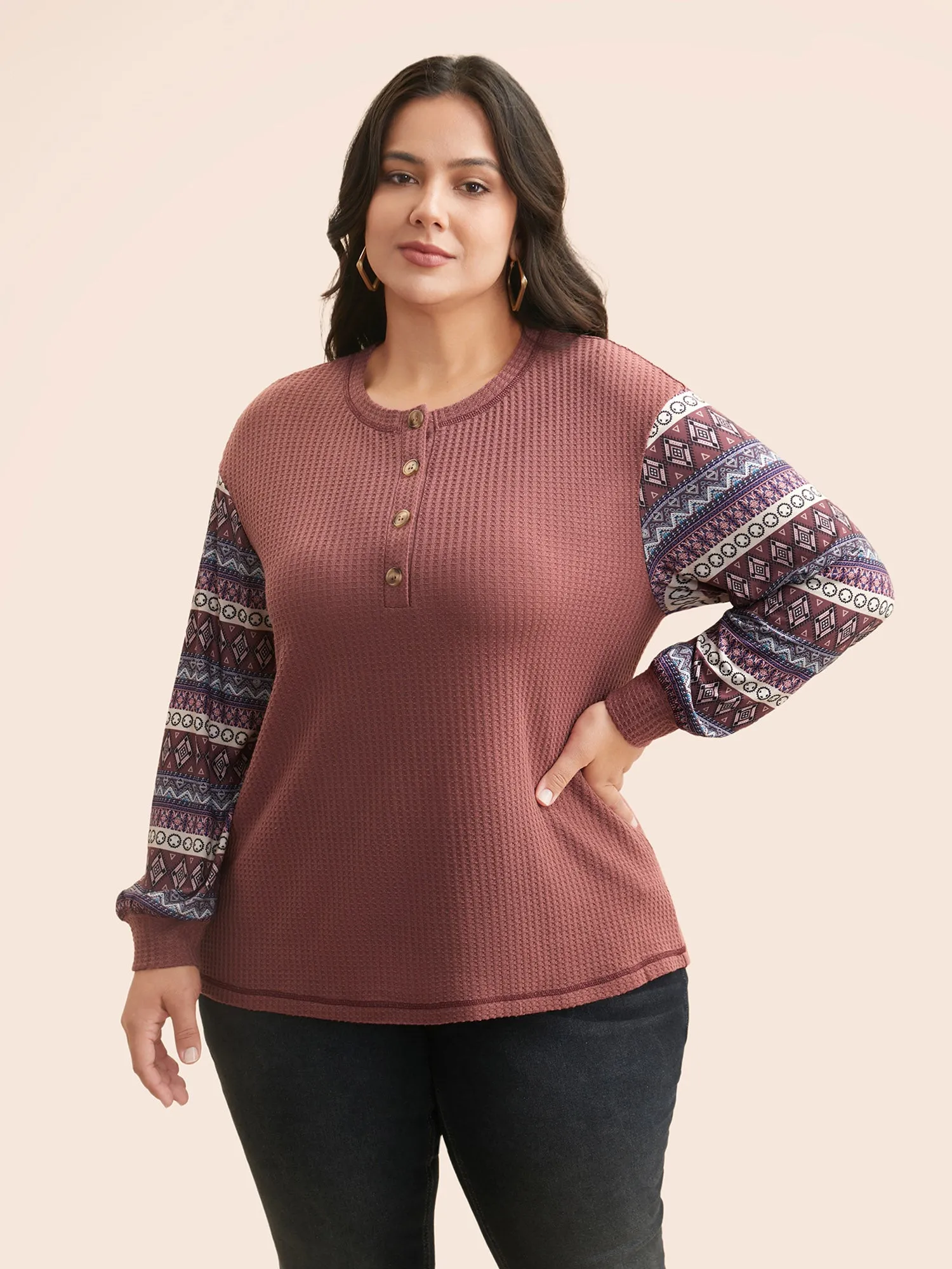 Boho Print Patchwork Waffle Knit T-shirt sold by Bloomchic product image thumbnail 3