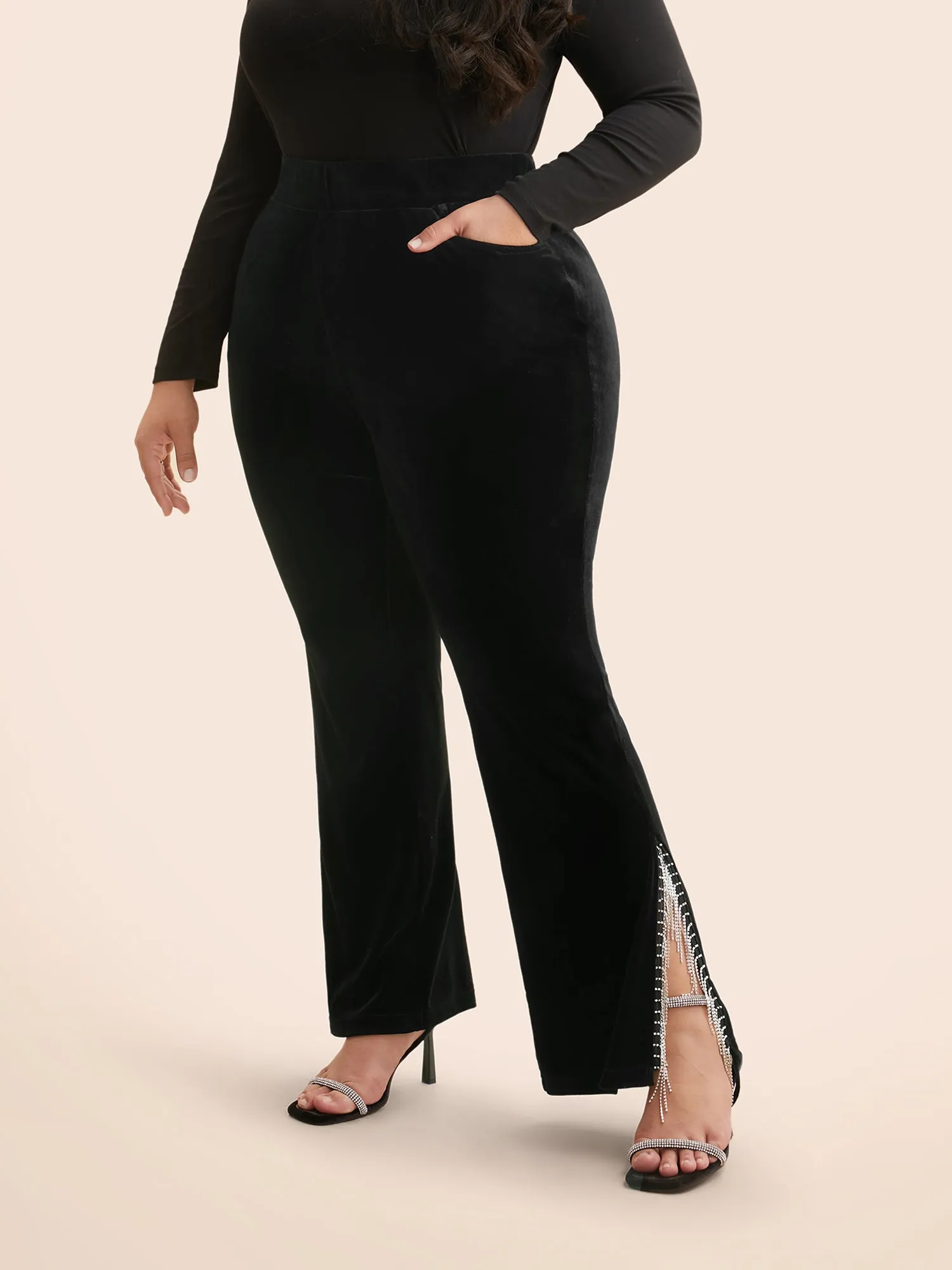 Rhinestone Decor Tassel Trim Split Hem Leggings sold by Bloomchic