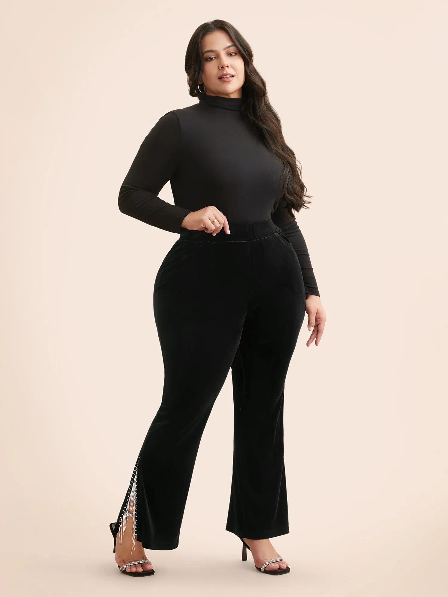 Rhinestone Decor Tassel Trim Split Hem Leggings sold by Bloomchic product image thumbnail 2