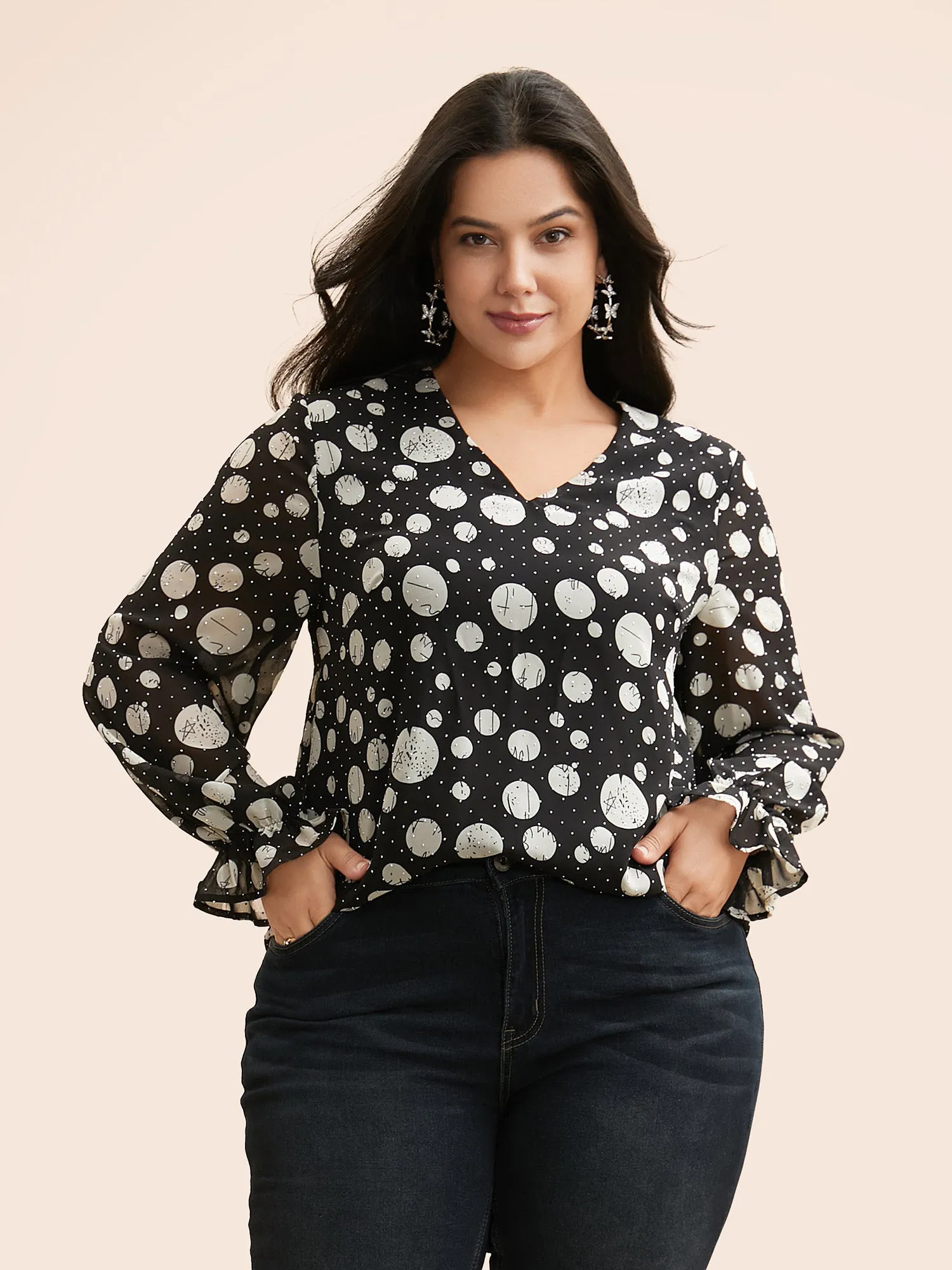 Polka Dot Rhinestone Lantern Sleeve Blouse sold by Bloomchic