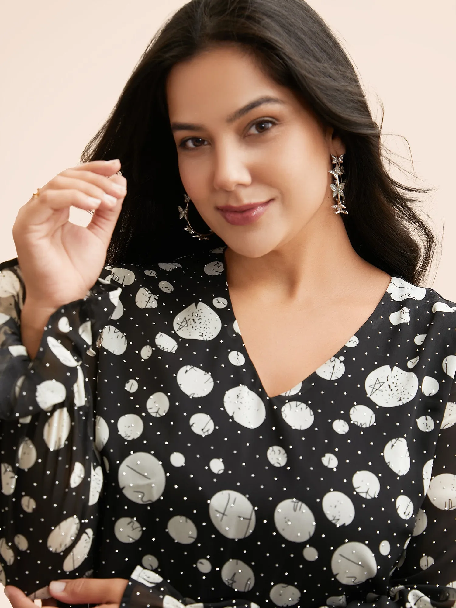 Polka Dot Rhinestone Lantern Sleeve Blouse sold by Bloomchic product image thumbnail 3