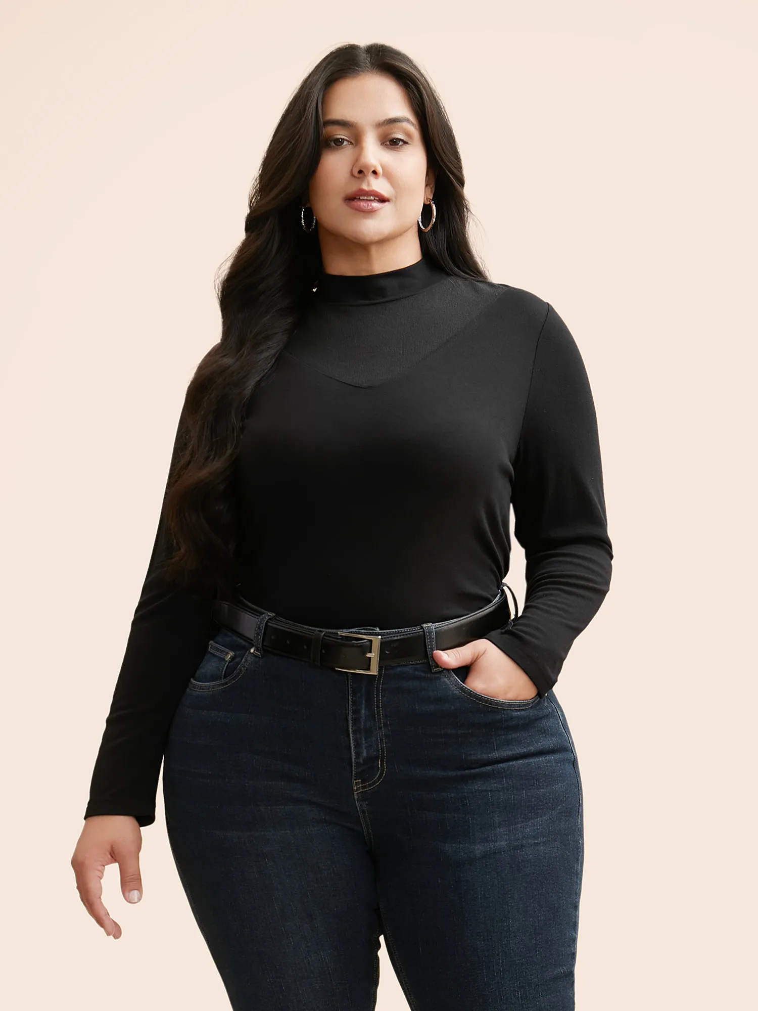 Mock Neck Mesh Patchwork Stretchy T-shirt sold by Bloomchic