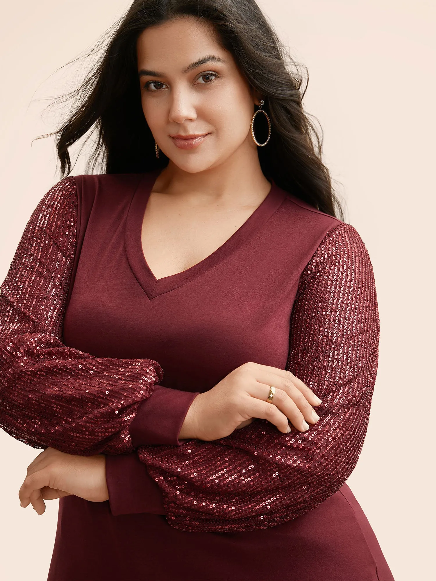 V Neck Sequin Patchwork T-shirt sold by Bloomchic product image thumbnail 4