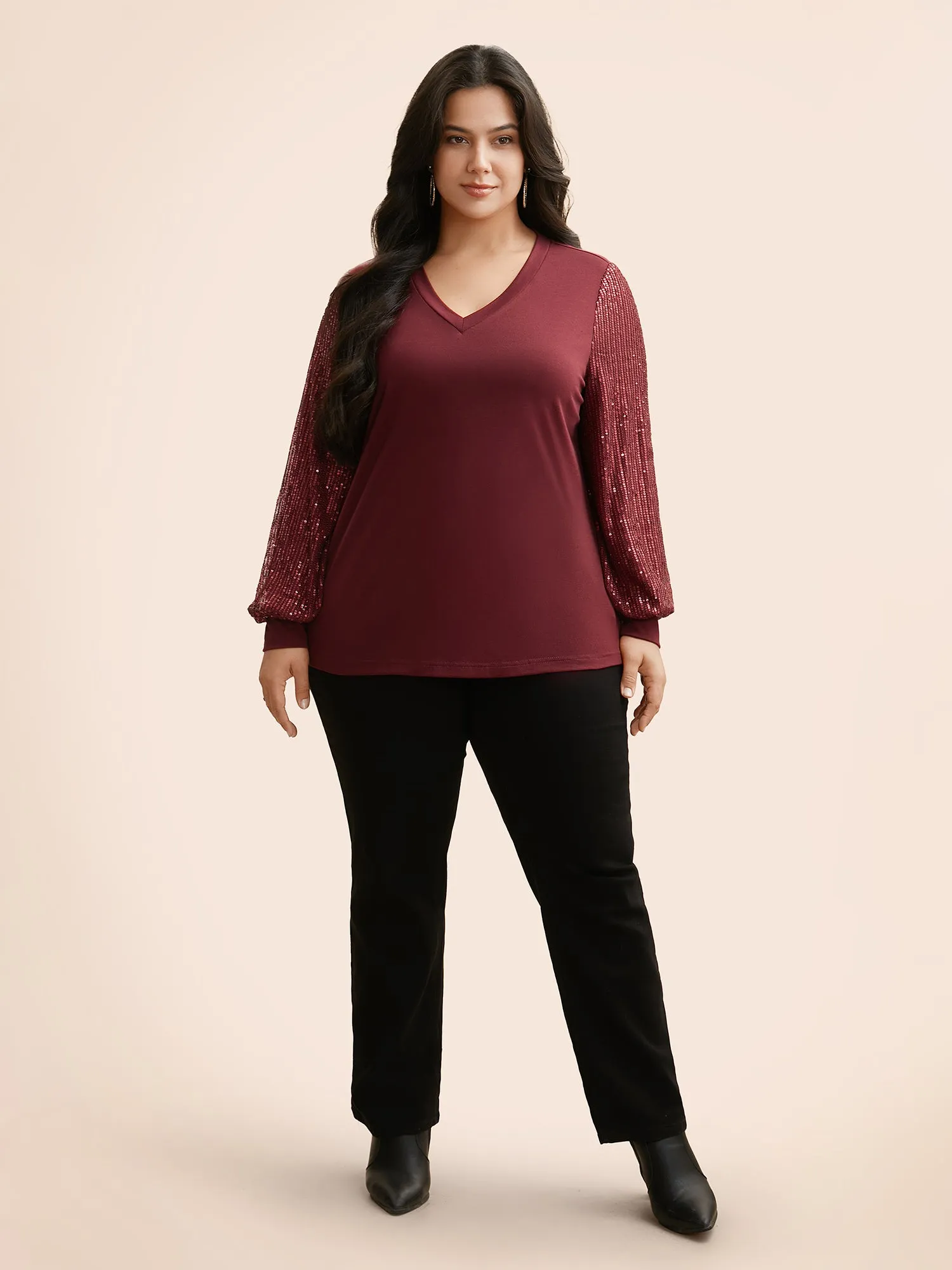 V Neck Sequin Patchwork T-shirt sold by Bloomchic product image thumbnail 3