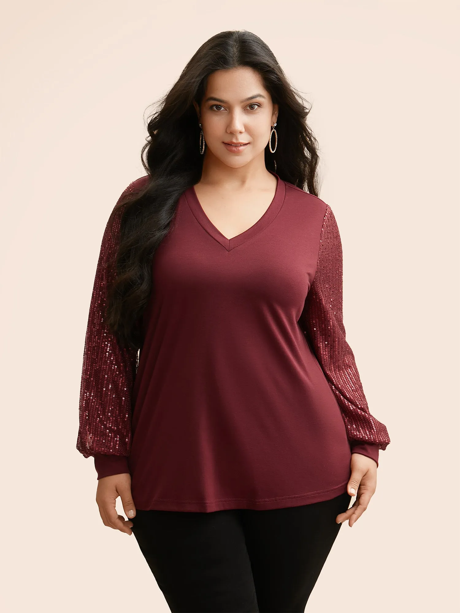 V Neck Sequin Patchwork T-shirt sold by Bloomchic