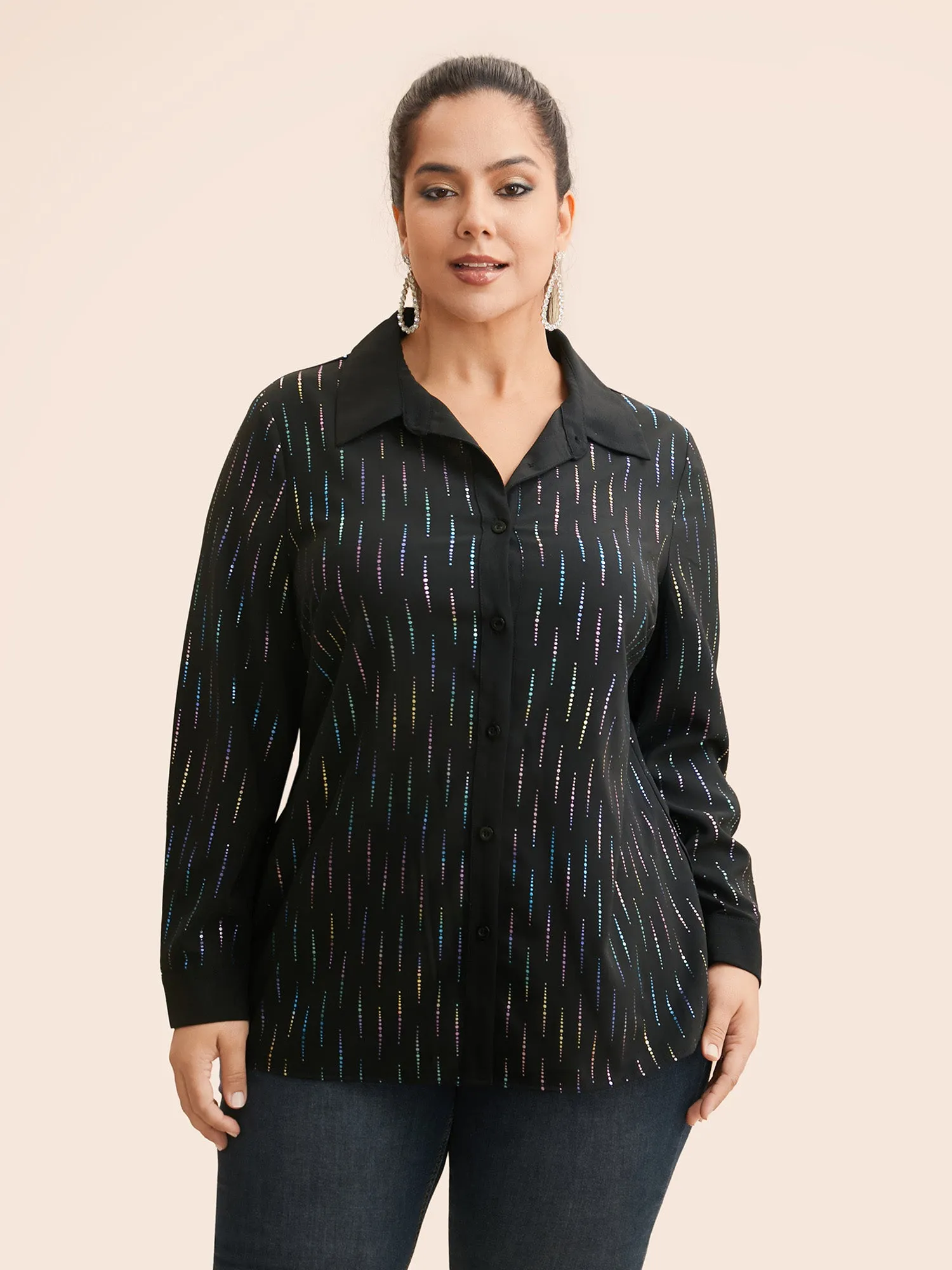 Shirt Collar Glitter Striped Patchwork Shirt sold by Bloomchic product image thumbnail 4