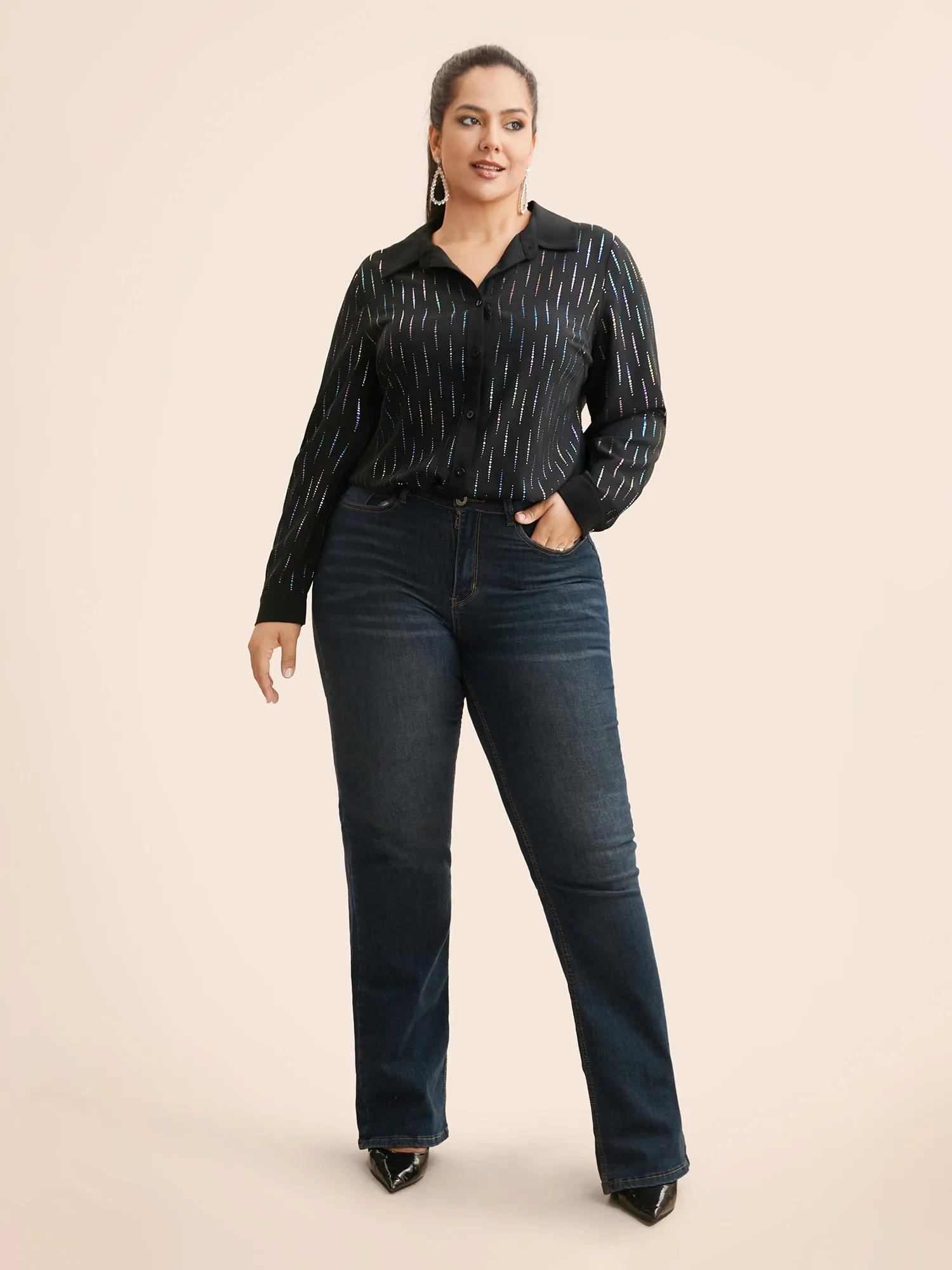 Shirt Collar Glitter Striped Patchwork Shirt sold by Bloomchic product image thumbnail 2