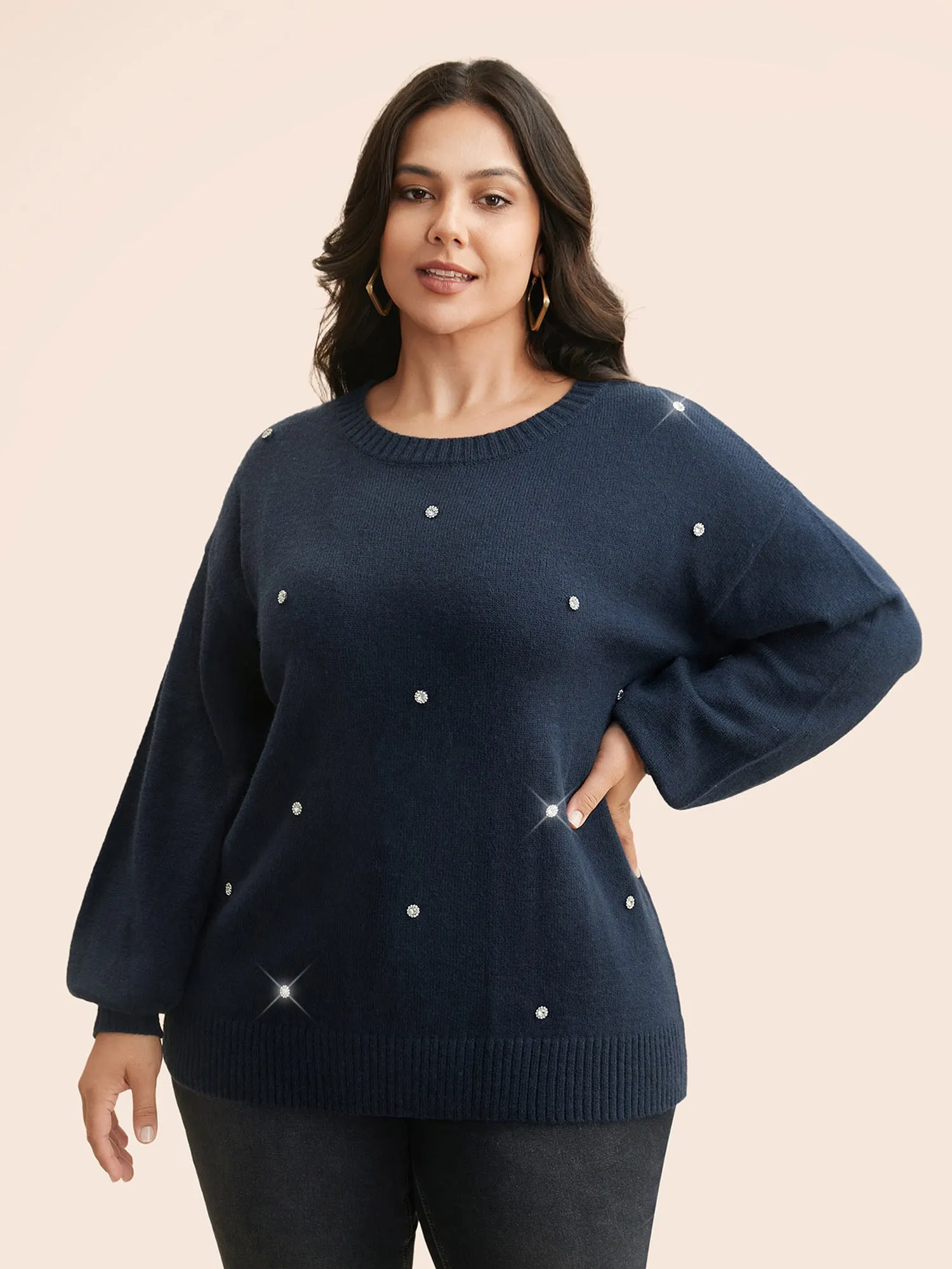 Rhinestone Decor Dropped Shoulder Pullover sold by Bloomchic