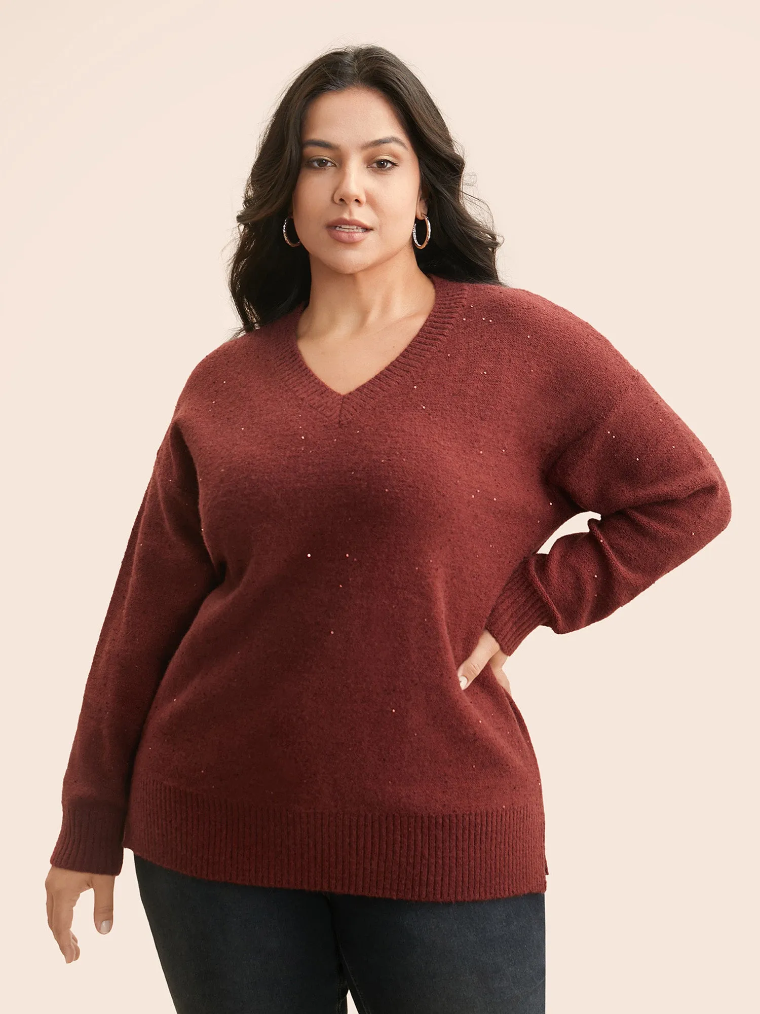 V Neck Glitter Dropped Shoulder Split Hem Pullover sold by Bloomchic