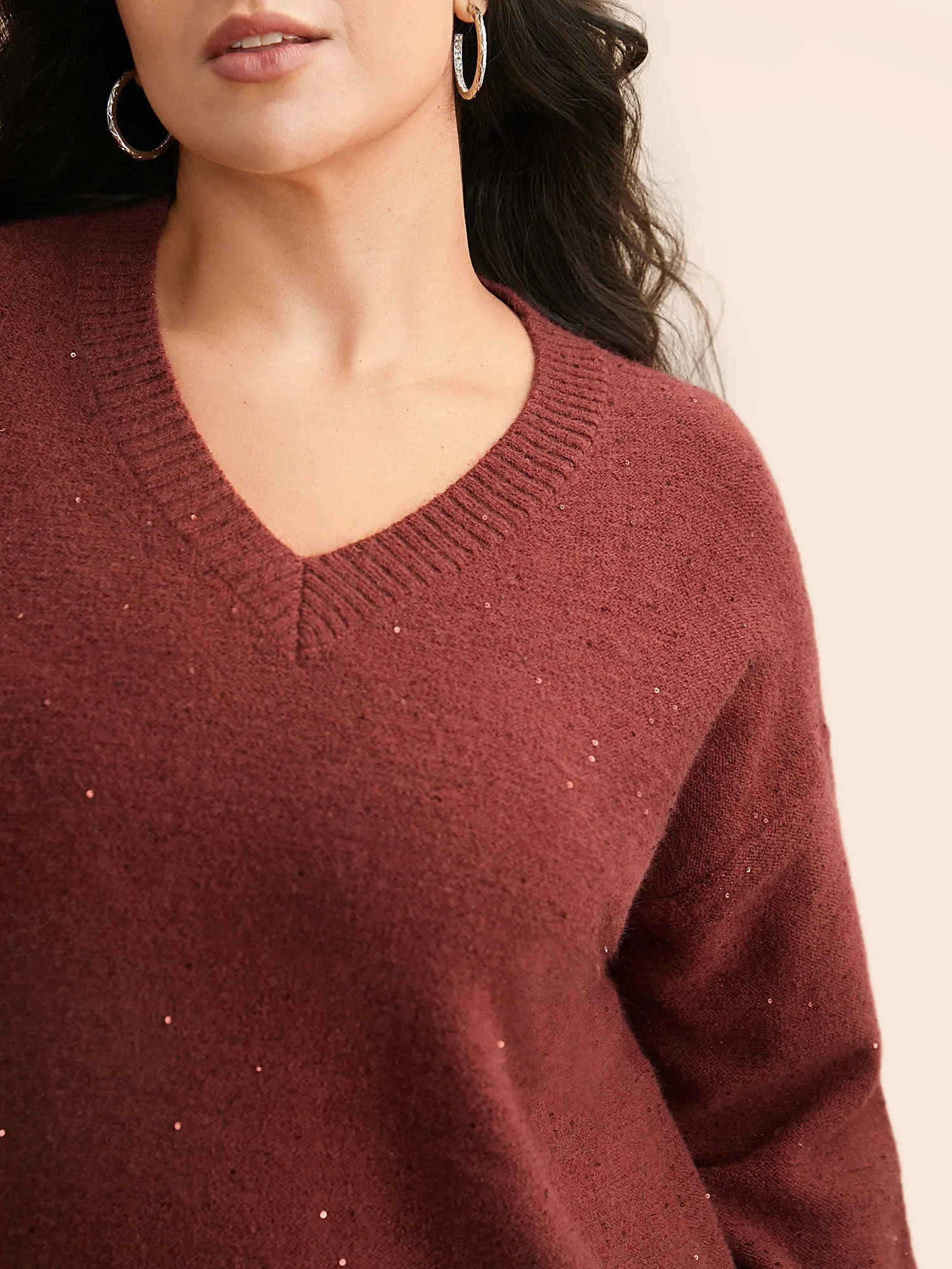 V Neck Glitter Dropped Shoulder Split Hem Pullover sold by Bloomchic product image thumbnail 4
