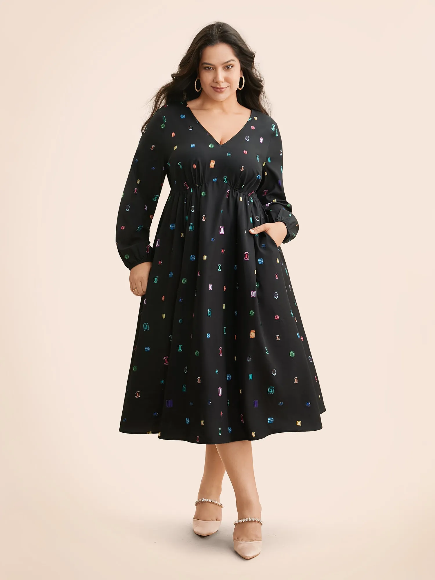 Color Diamond Print V Neck Dress sold by Bloomchic