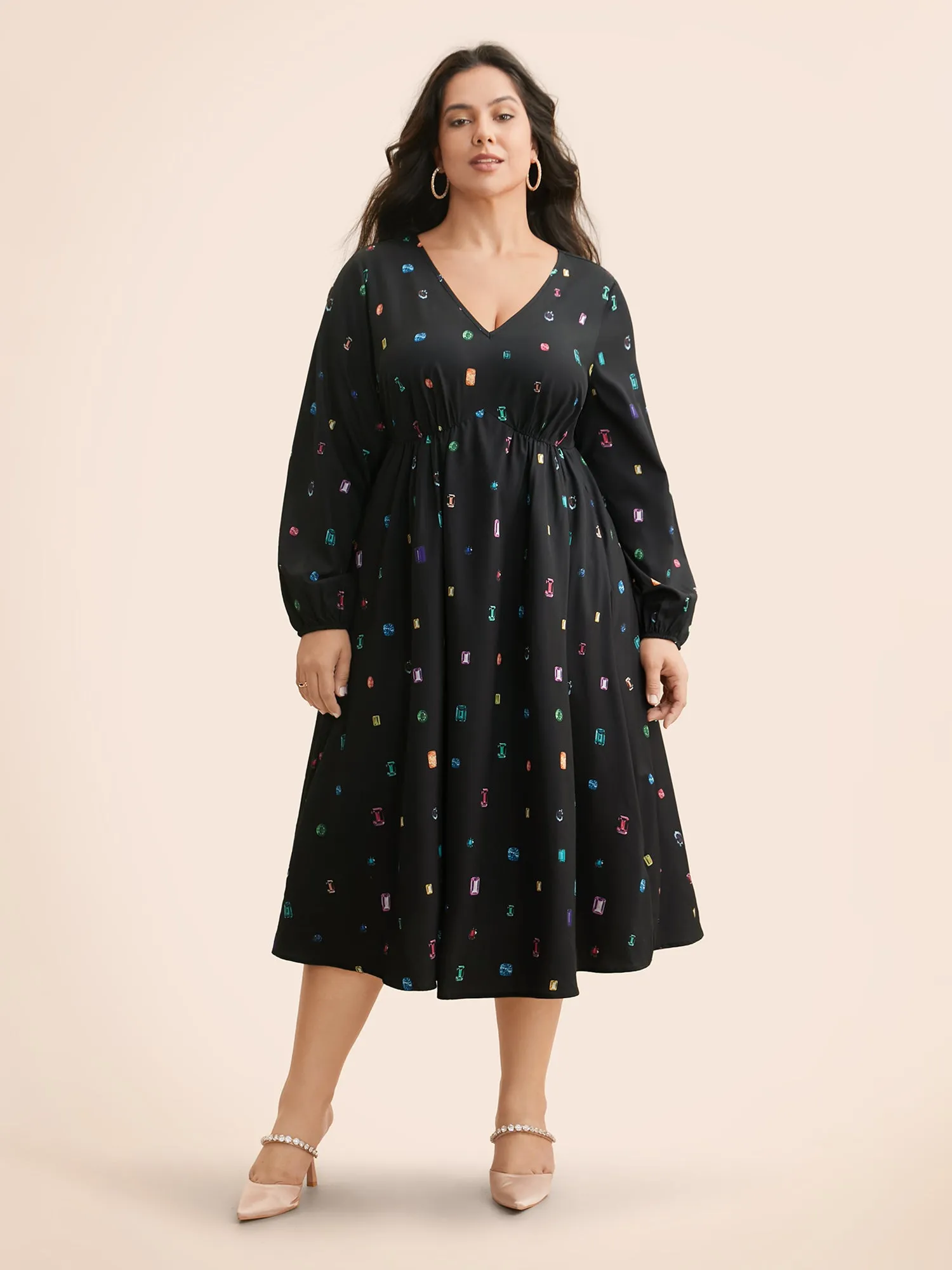 Color Diamond Print V Neck Dress sold by Bloomchic product image thumbnail 3