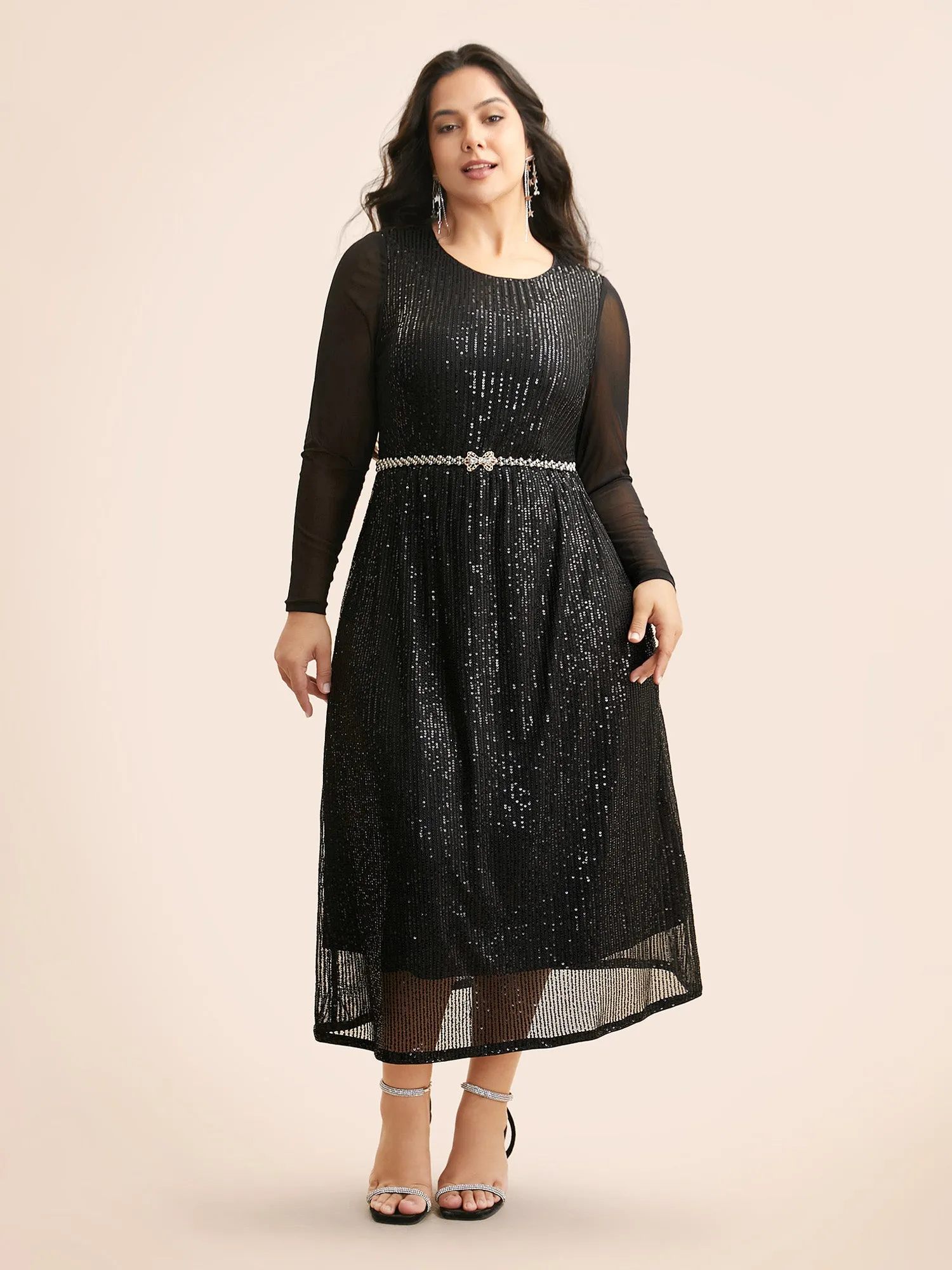 Crew Neck Patchwork Sequin Mesh Dress sold by Bloomchic