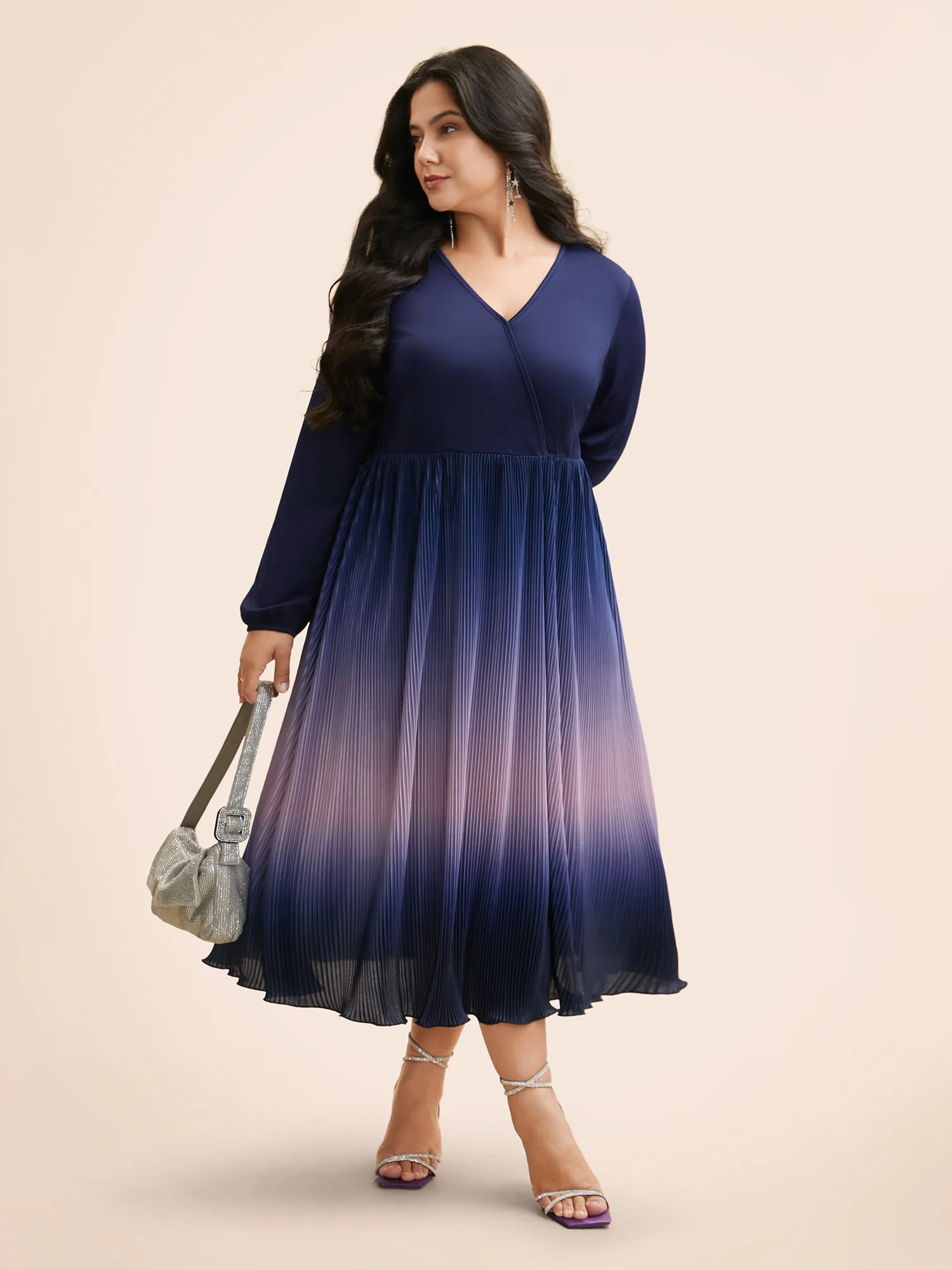 Overlap Collar Ombre Patchwork Pleated Dress sold by Bloomchic product image thumbnail 3
