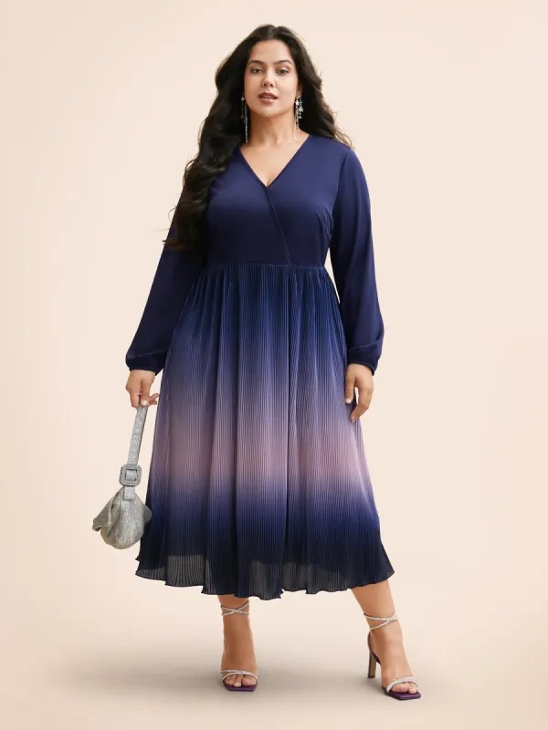 Overlap Collar Ombre Patchwork Pleated Dress sold by Bloomchic