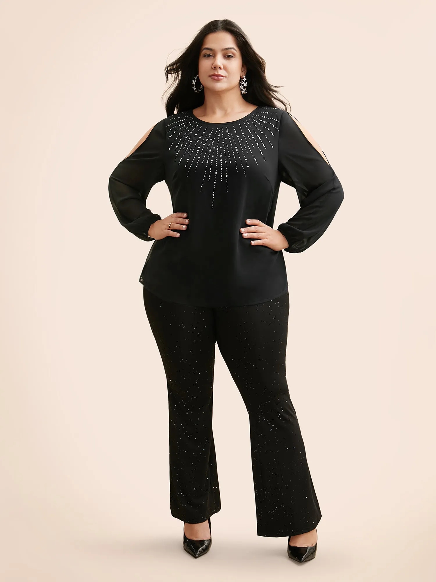 Rhinestone Cut Out Lantern Sleeve Blouse sold by Bloomchic product image thumbnail 2