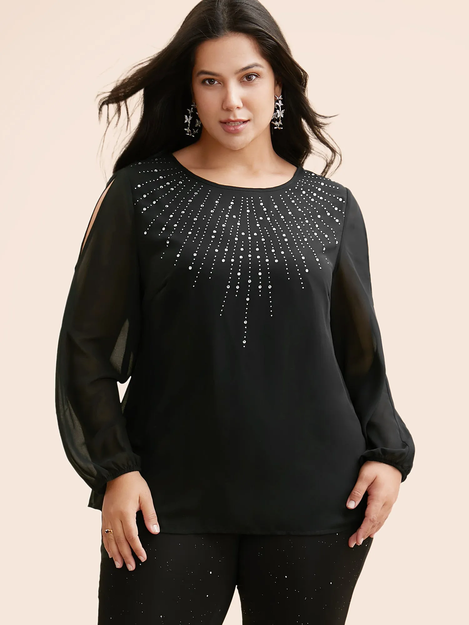 Rhinestone Cut Out Lantern Sleeve Blouse sold by Bloomchic