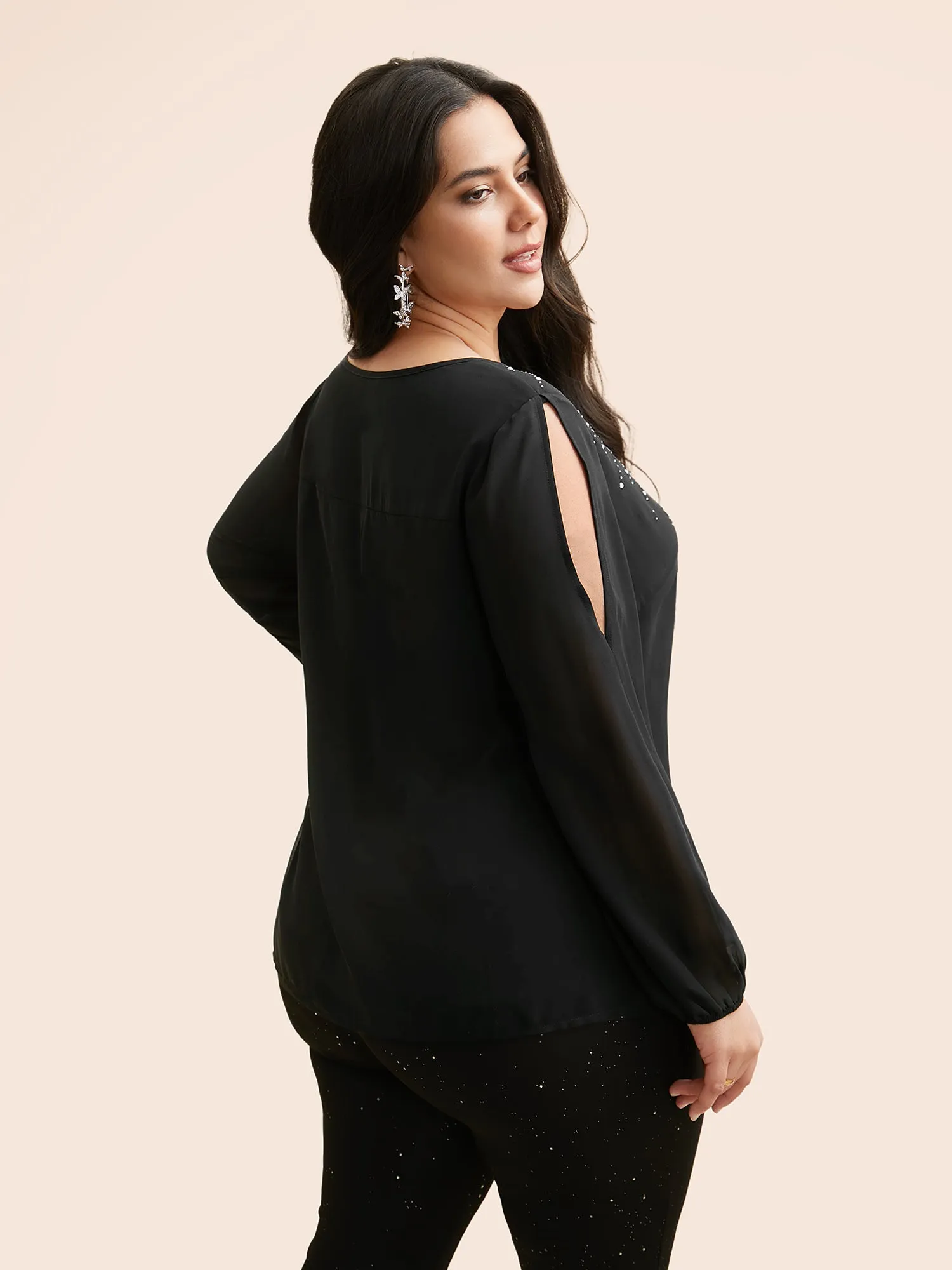 Rhinestone Cut Out Lantern Sleeve Blouse sold by Bloomchic product image thumbnail 5