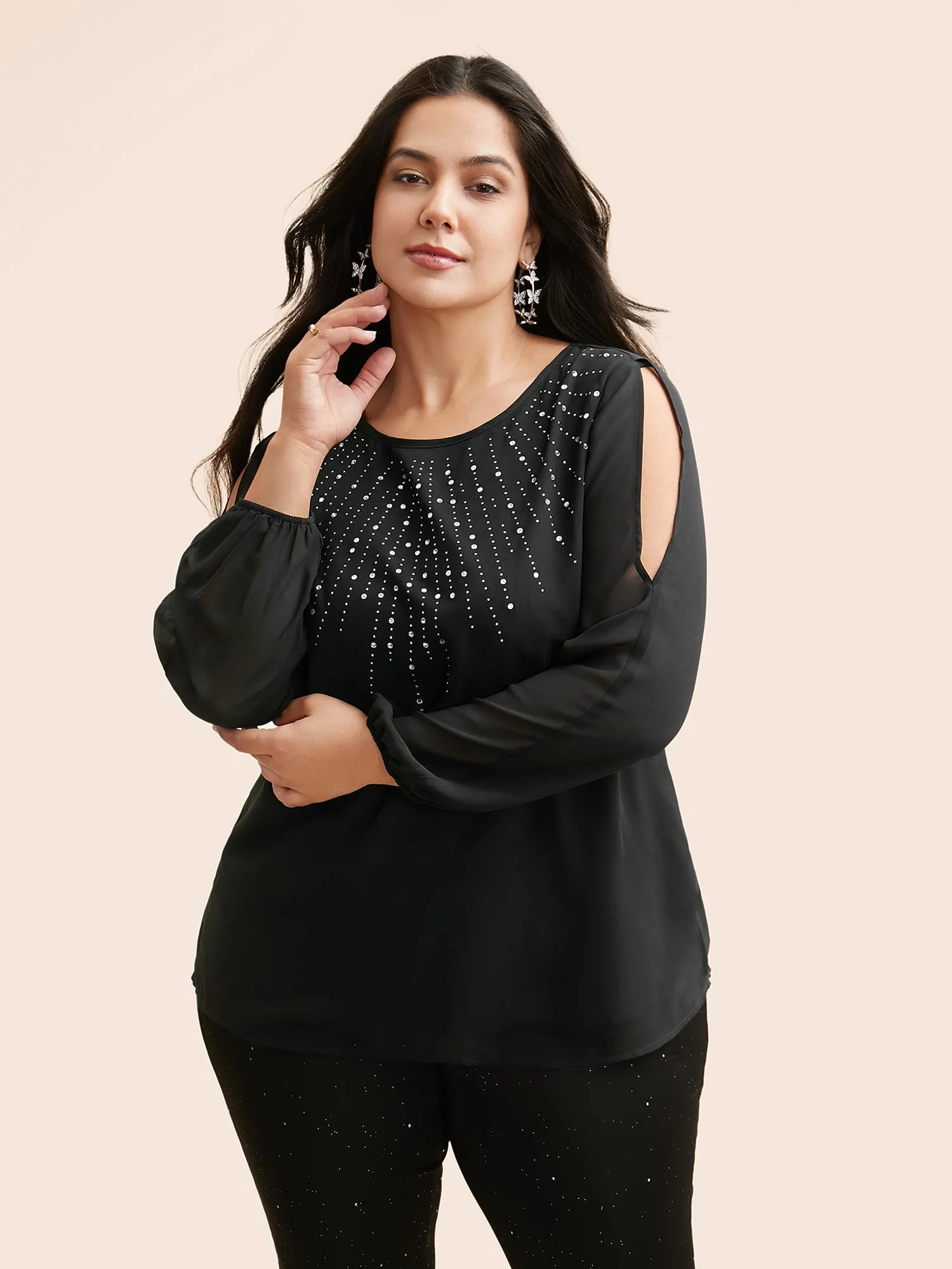Rhinestone Cut Out Lantern Sleeve Blouse sold by Bloomchic product image thumbnail 3