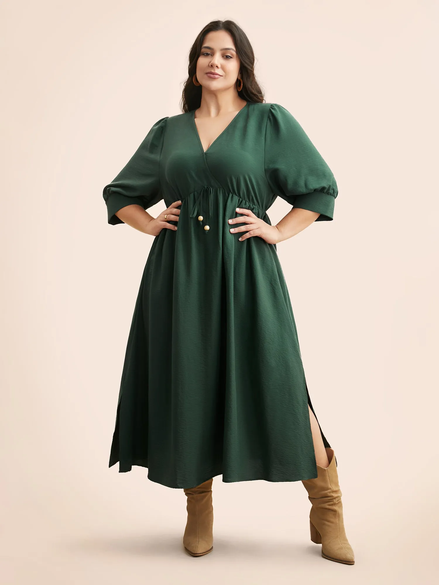 V Neck Tie Knot Slit Hem Midi Dress sold by Bloomchic product image thumbnail 2