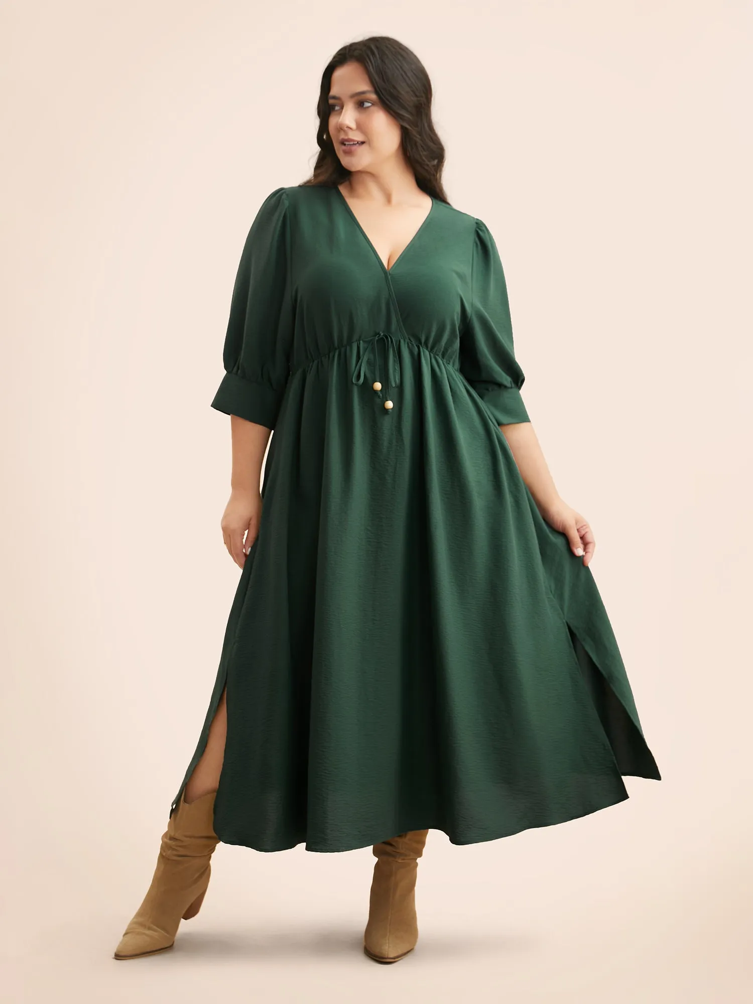 V Neck Tie Knot Slit Hem Midi Dress sold by Bloomchic product image thumbnail 3