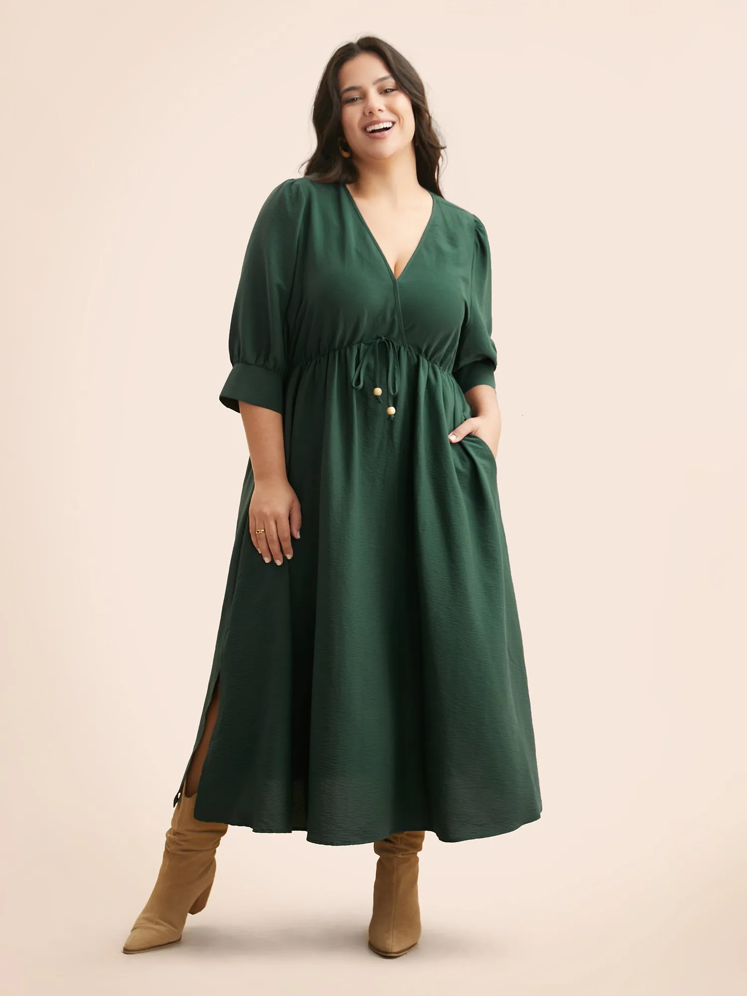 V Neck Tie Knot Slit Hem Midi Dress sold by Bloomchic