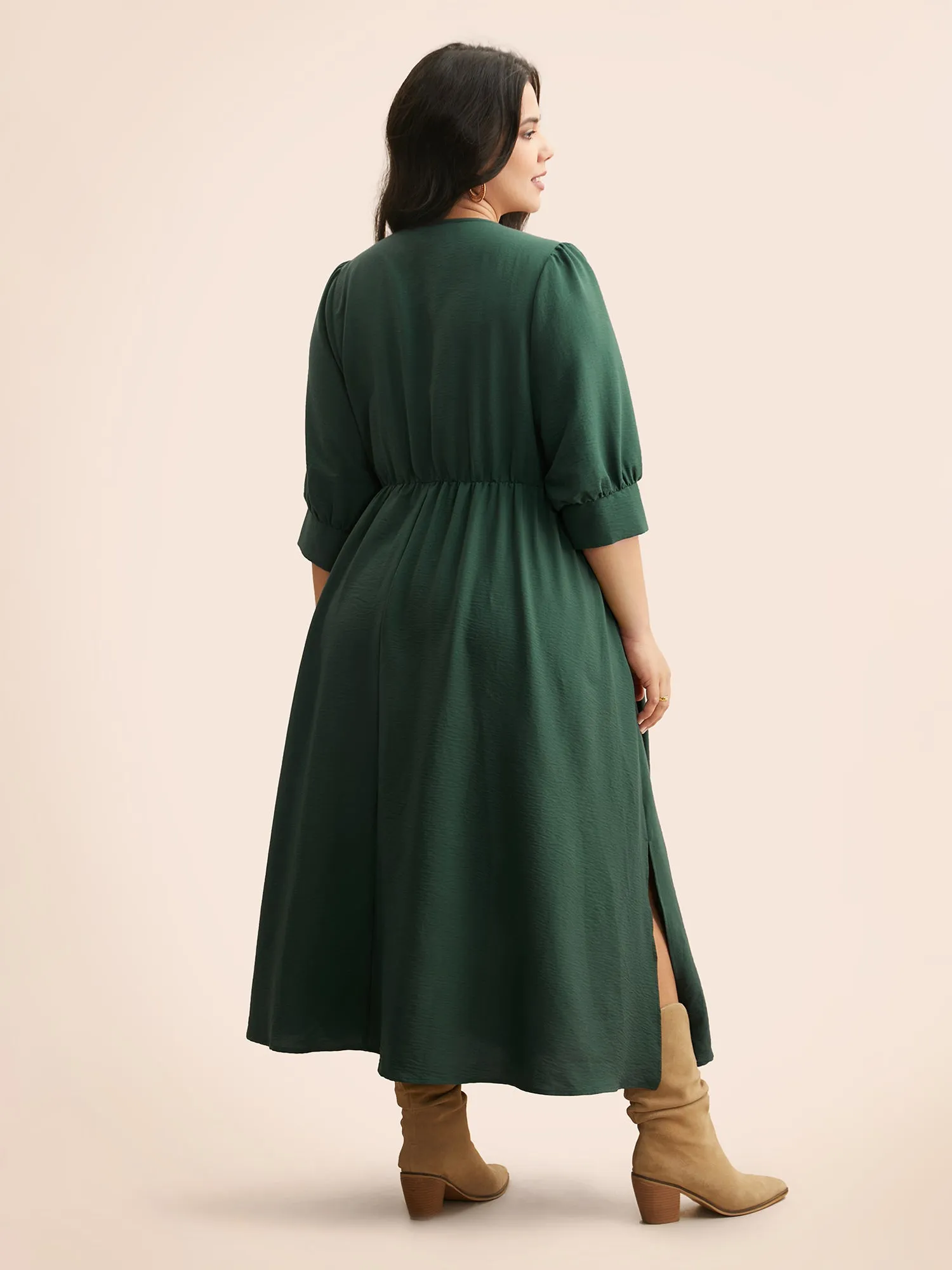 V Neck Tie Knot Slit Hem Midi Dress sold by Bloomchic product image thumbnail 4