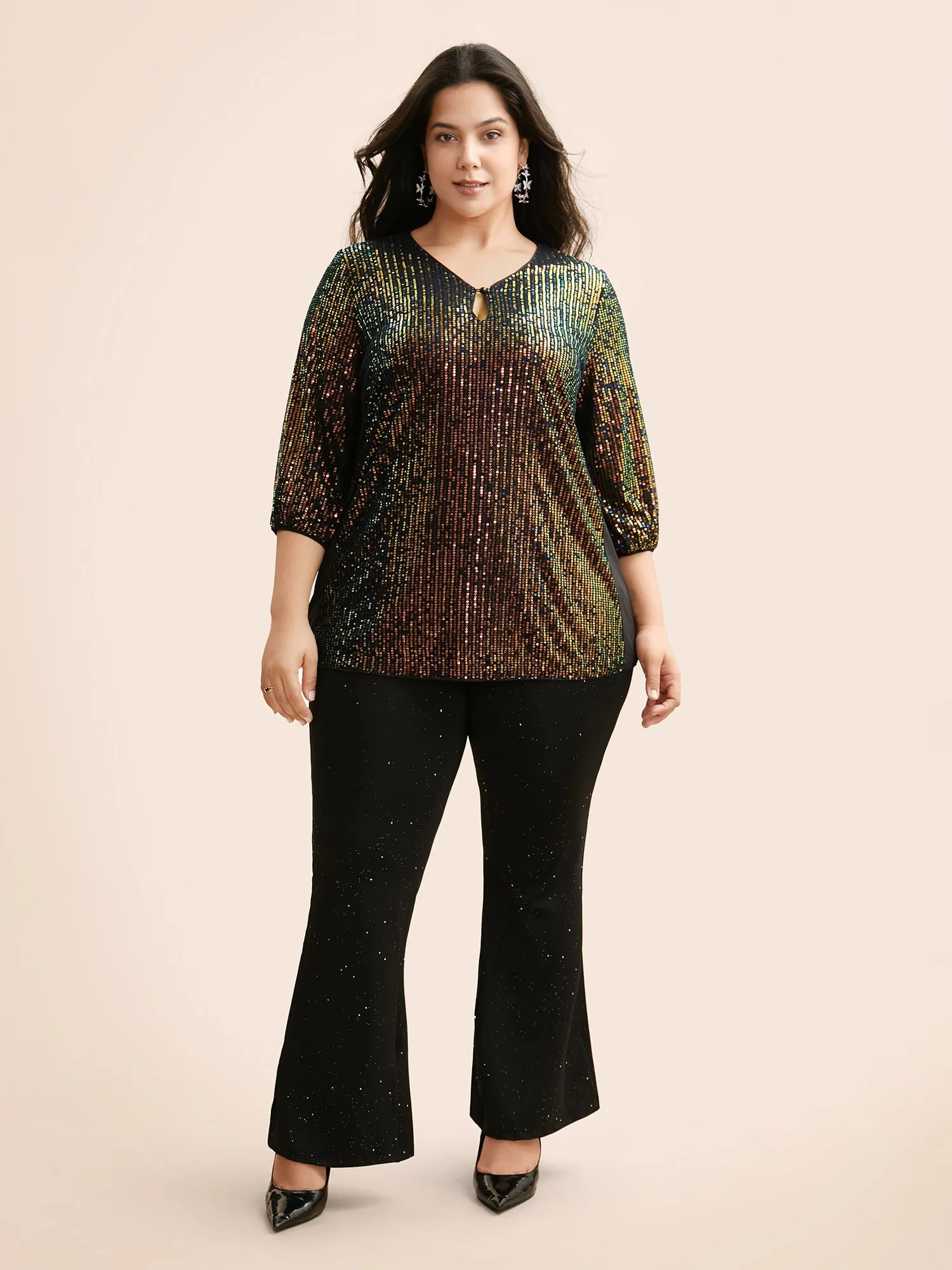 Sequin Keyhole Lantern Sleeve Blouse sold by Bloomchic product image thumbnail 2