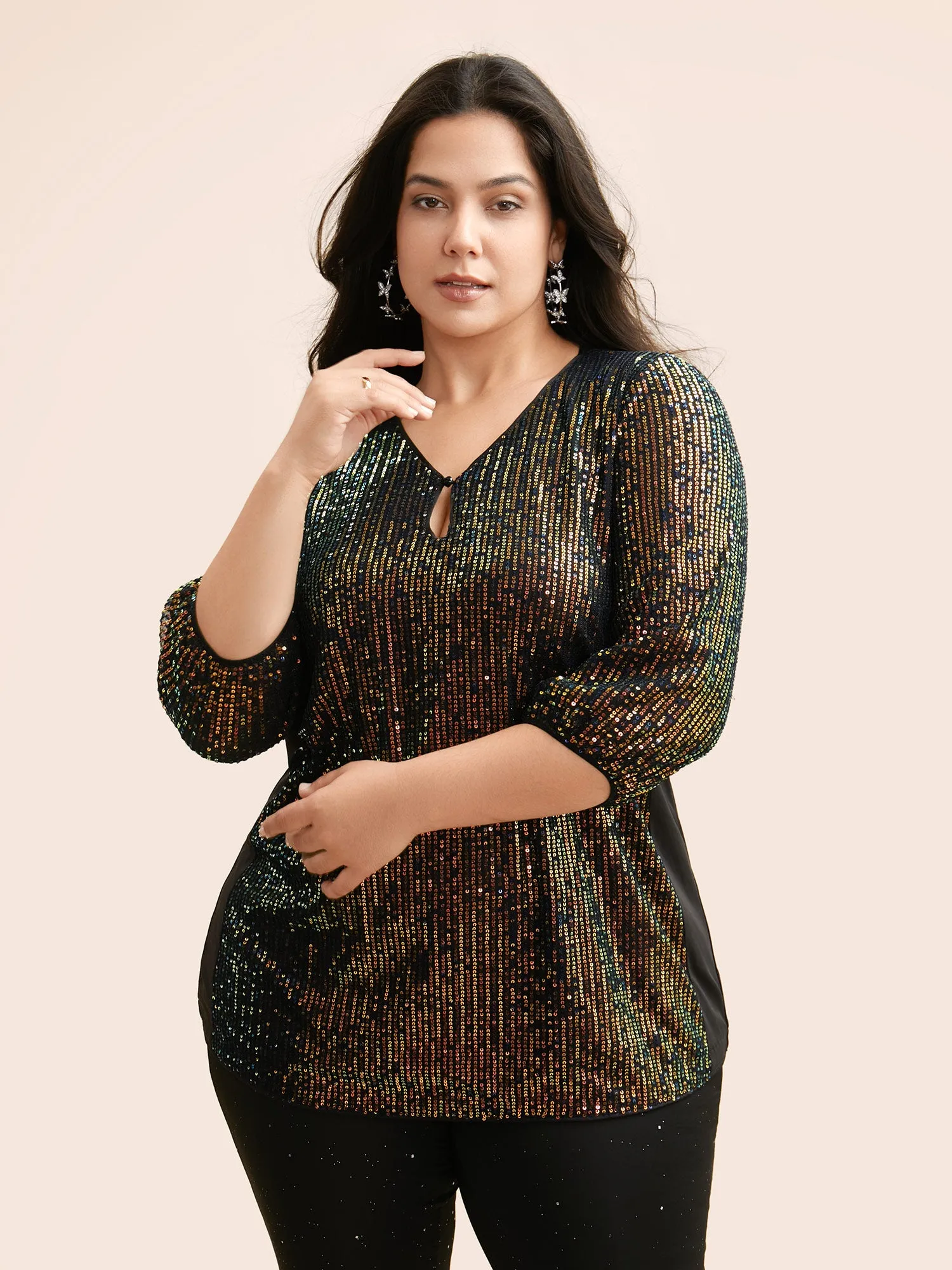 Sequin Keyhole Lantern Sleeve Blouse sold by Bloomchic