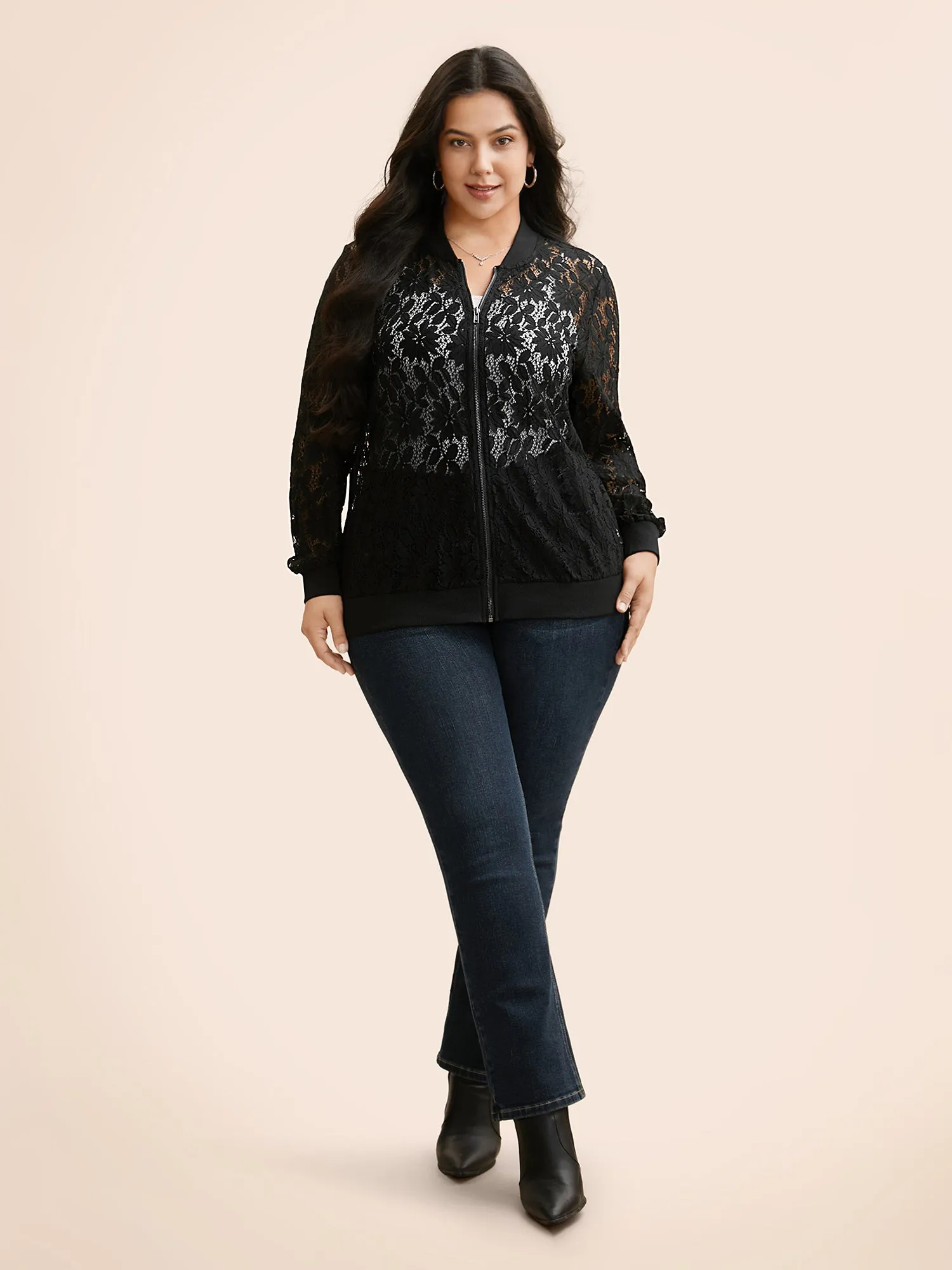 Lace Panel Zipper See Through Jacket sold by Bloomchic product image thumbnail 2