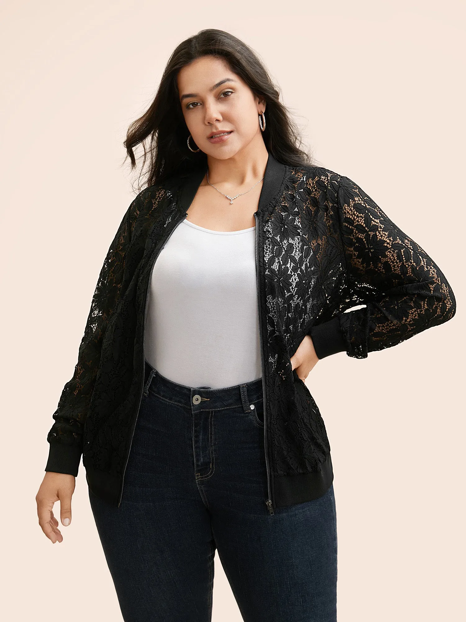 Lace Panel Zipper See Through Jacket sold by Bloomchic