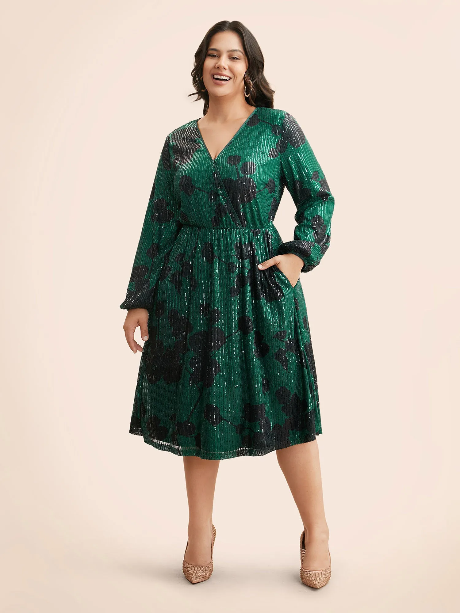 Sequin Floral Lantern Sleeve Midi Dress sold by Bloomchic product image thumbnail 3