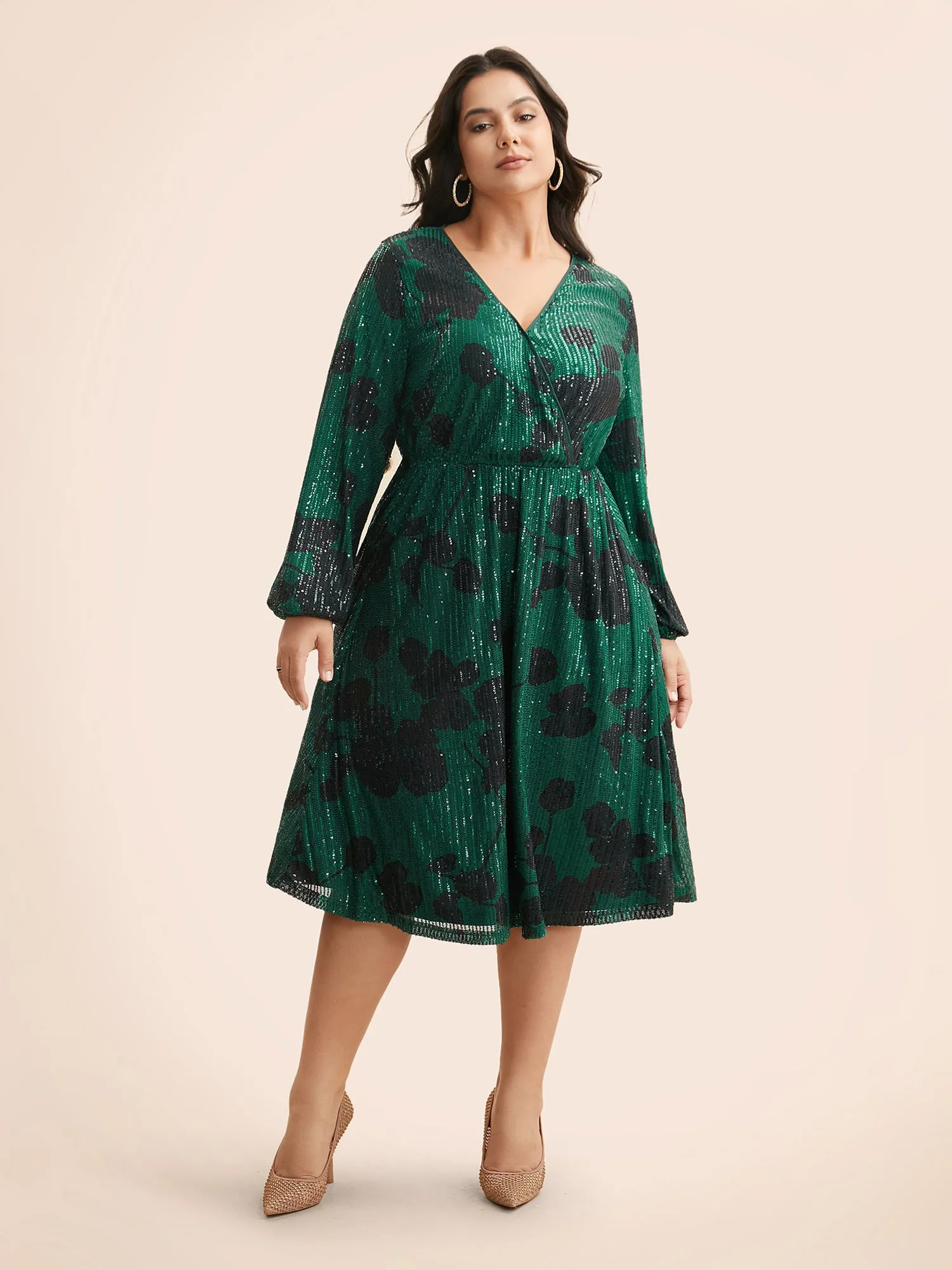 Sequin Floral Lantern Sleeve Midi Dress sold by Bloomchic