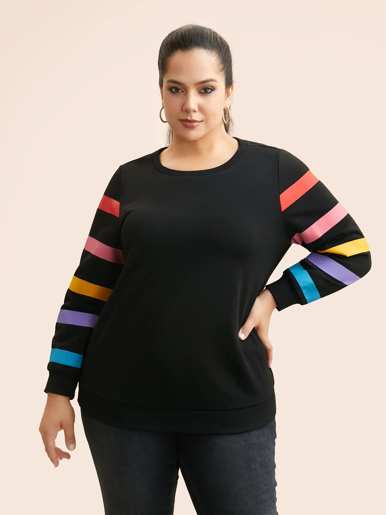 Colored Striped Patchwork Slightly Stretchy Sweatshirt sold by Bloomchic product image thumbnail 3