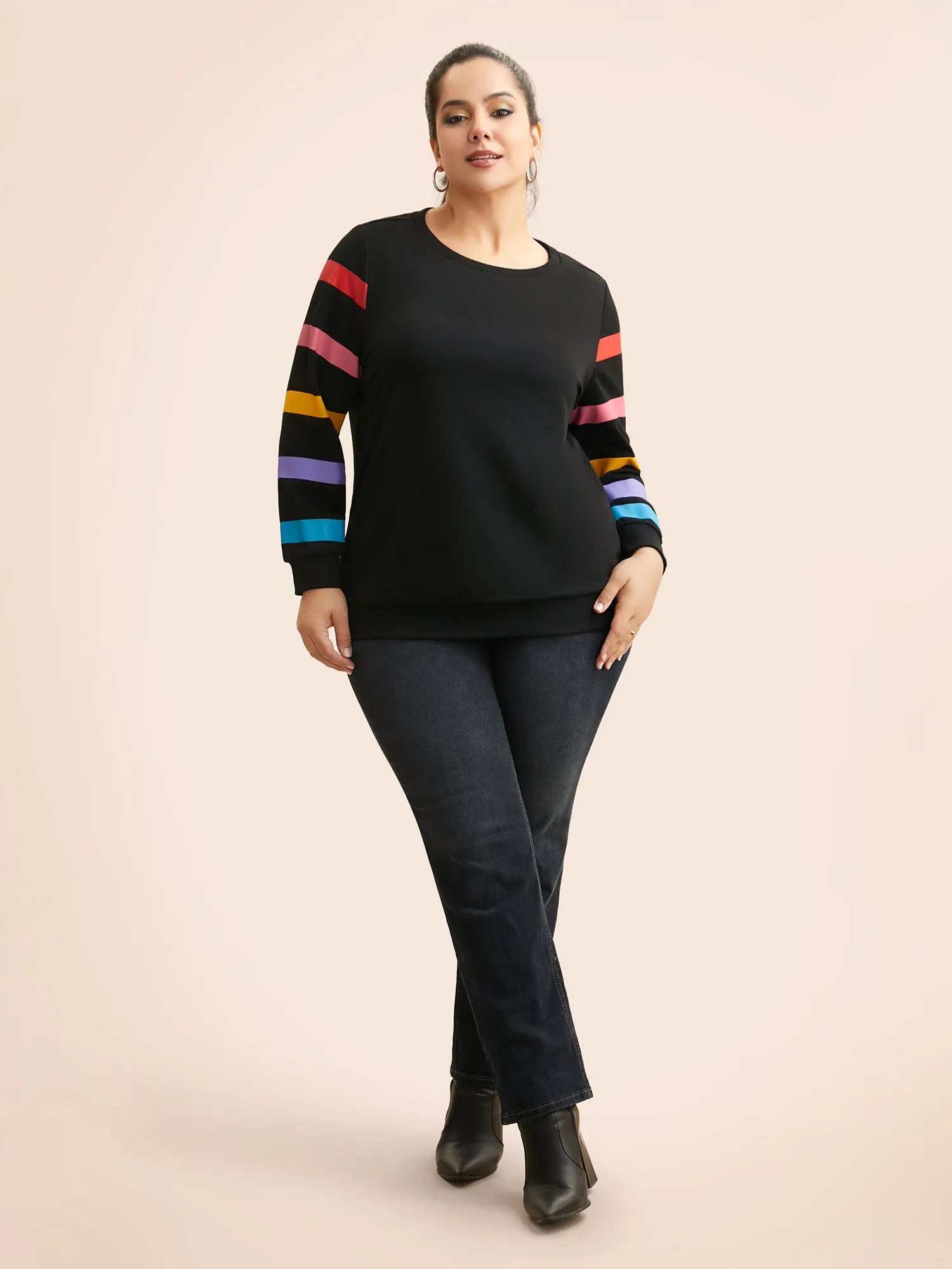 Colored Striped Patchwork Slightly Stretchy Sweatshirt sold by Bloomchic product image thumbnail 4