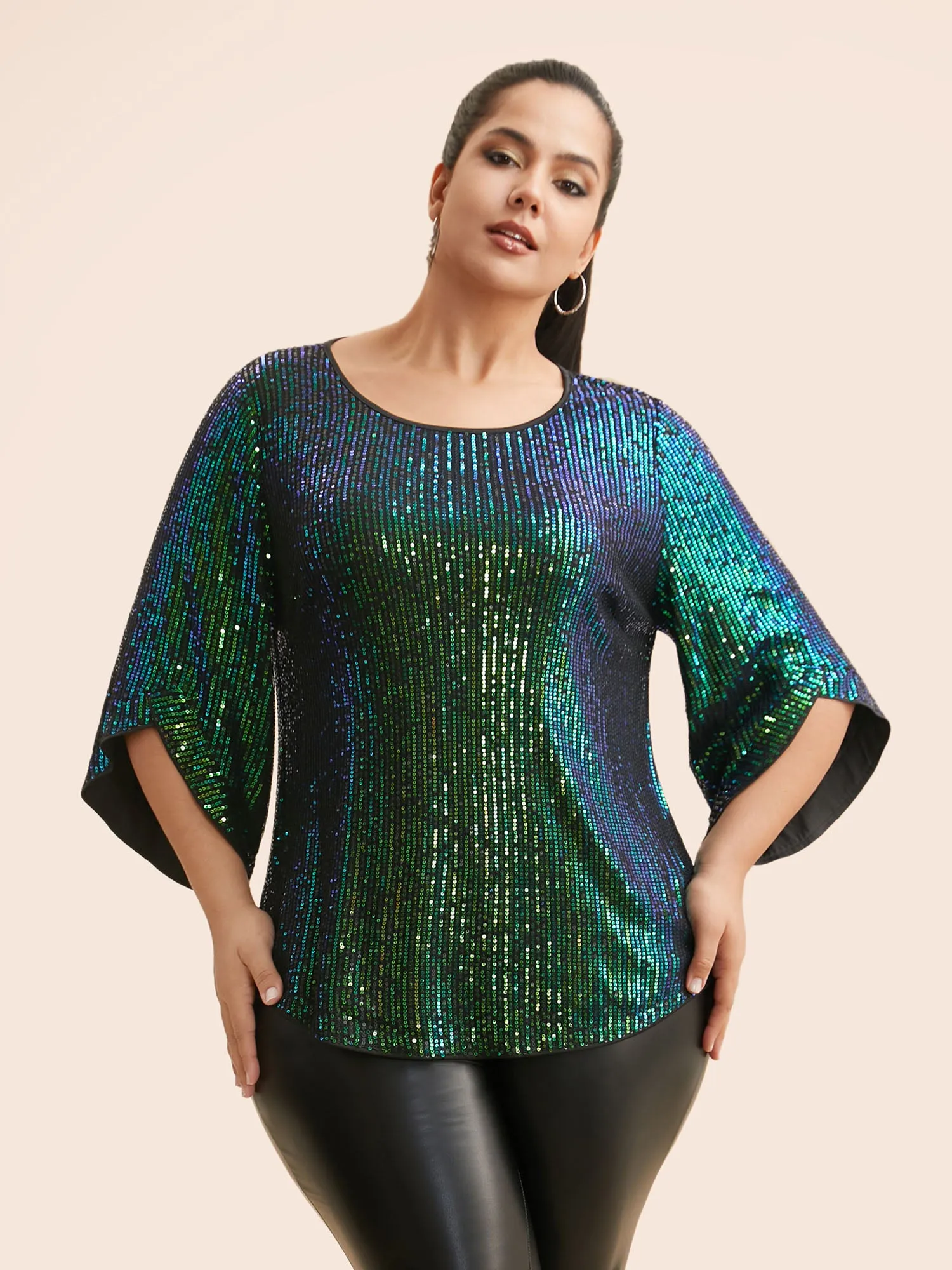 Round Neck Sequin Bell Sleeve Blouse sold by Bloomchic