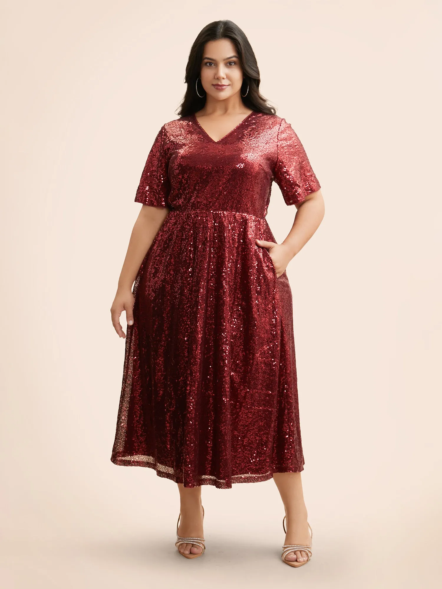 Sequin V Neck Elastic Waist Dress sold by Bloomchic product image thumbnail 3