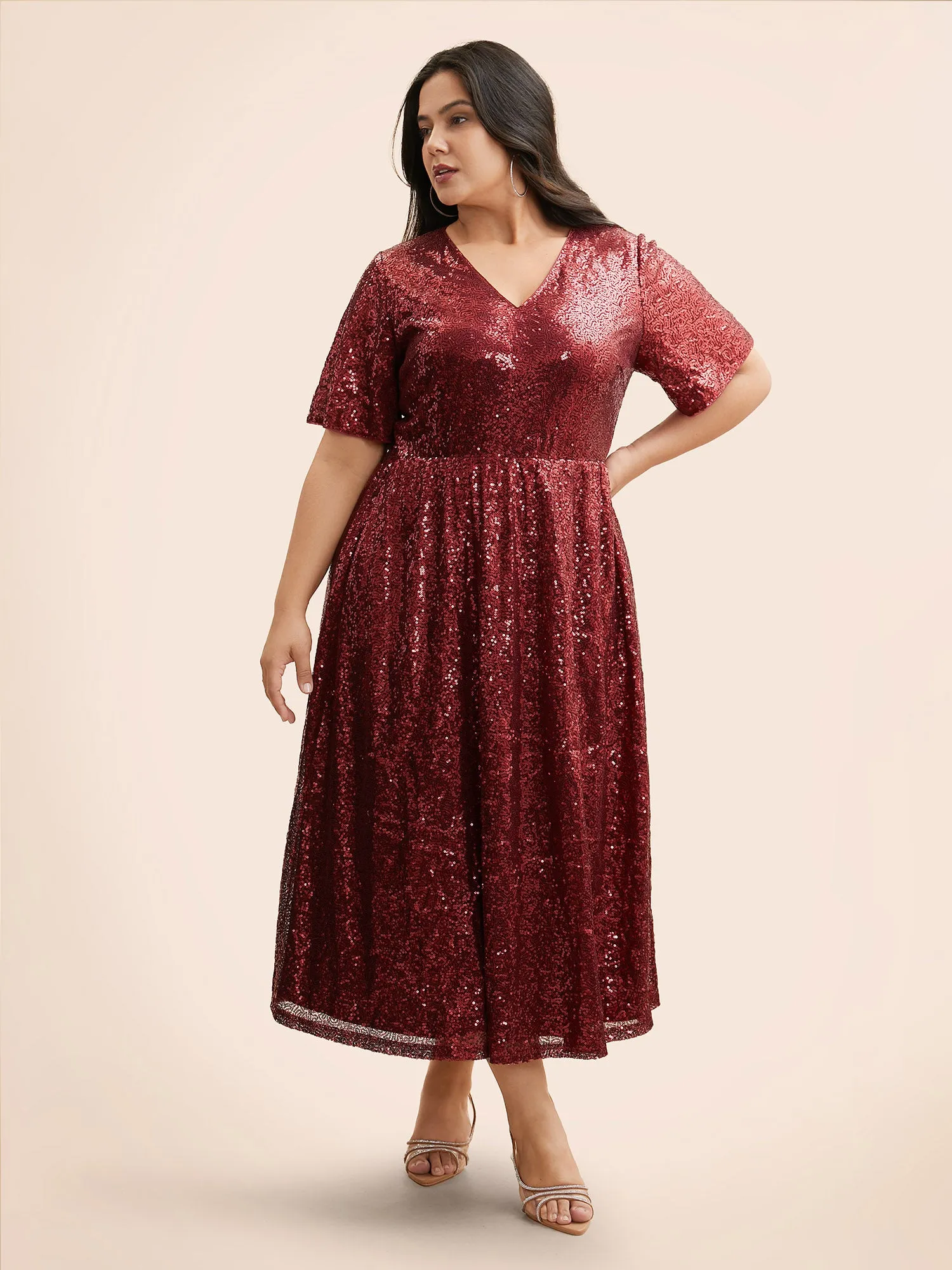 Sequin V Neck Elastic Waist Dress sold by Bloomchic