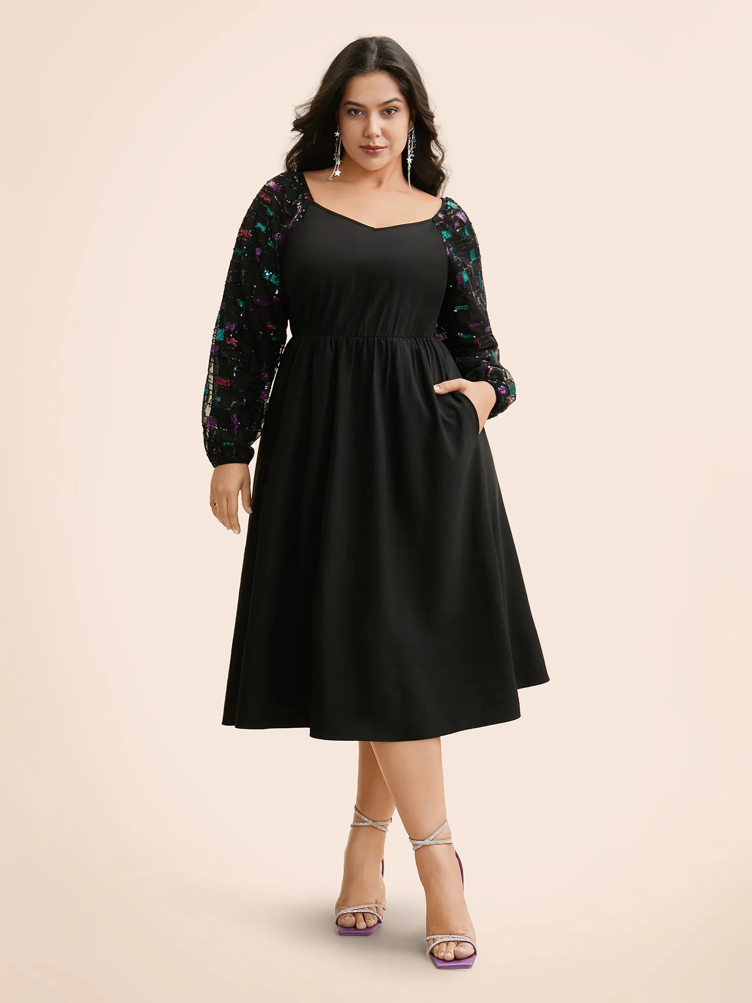 Heart Neckline Sequin Mesh Patchwork Dress sold by Bloomchic product image thumbnail 3