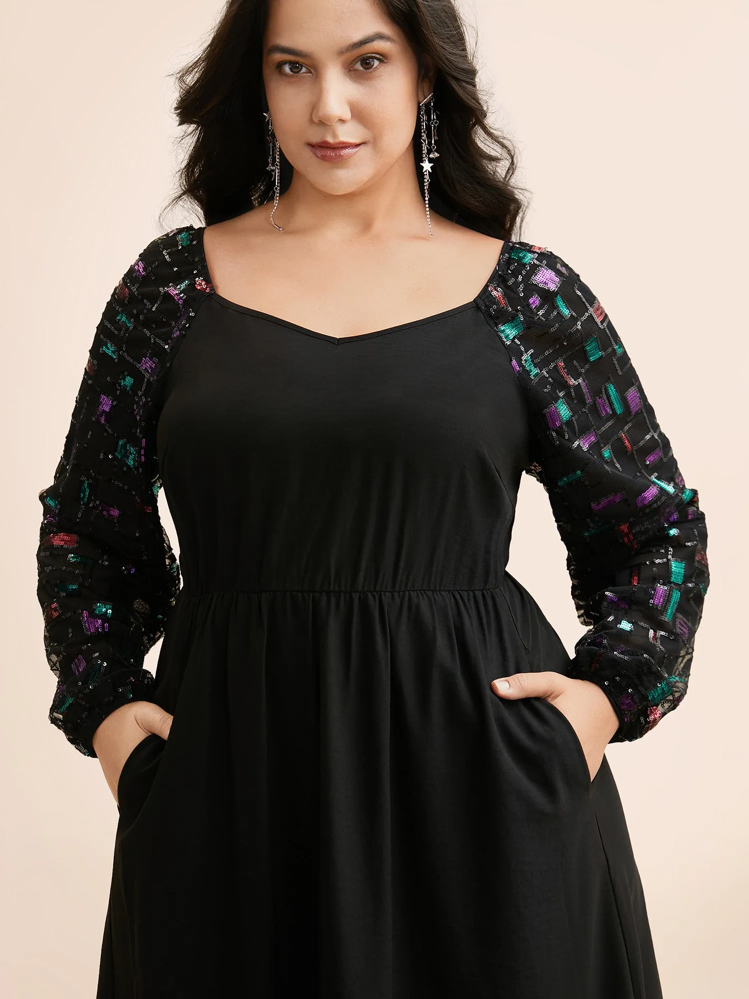 Heart Neckline Sequin Mesh Patchwork Dress sold by Bloomchic product image thumbnail 2