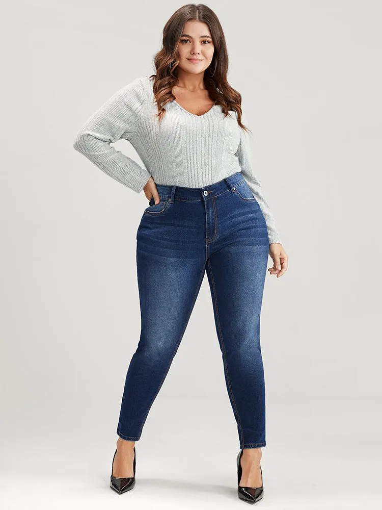 Mom Jeans Straight Very Stretchy High Rise Medium Wash Contrast Jeans sold by Bloomchic product image thumbnail 3