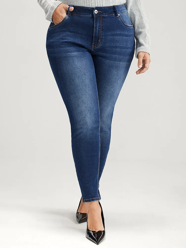Mom Jeans Straight Very Stretchy High Rise Medium Wash Contrast Jeans sold by Bloomchic