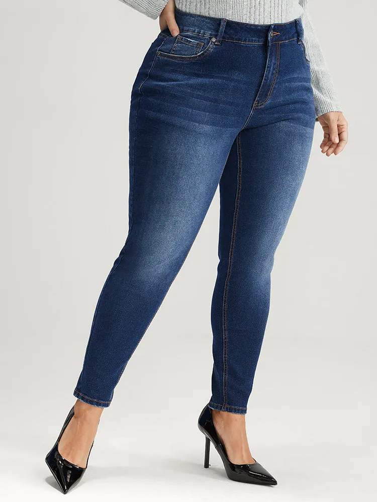Mom Jeans Straight Very Stretchy High Rise Medium Wash Contrast Jeans sold by Bloomchic product image thumbnail 4