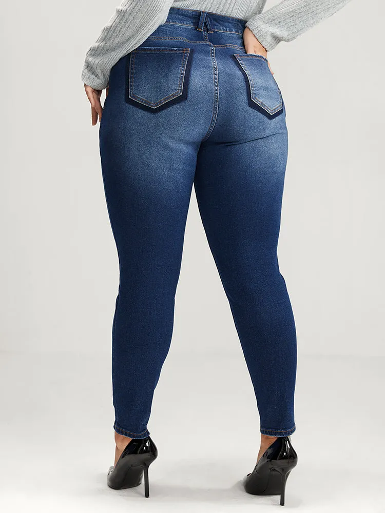 Mom Jeans Straight Very Stretchy High Rise Medium Wash Contrast Jeans sold by Bloomchic product image thumbnail 2