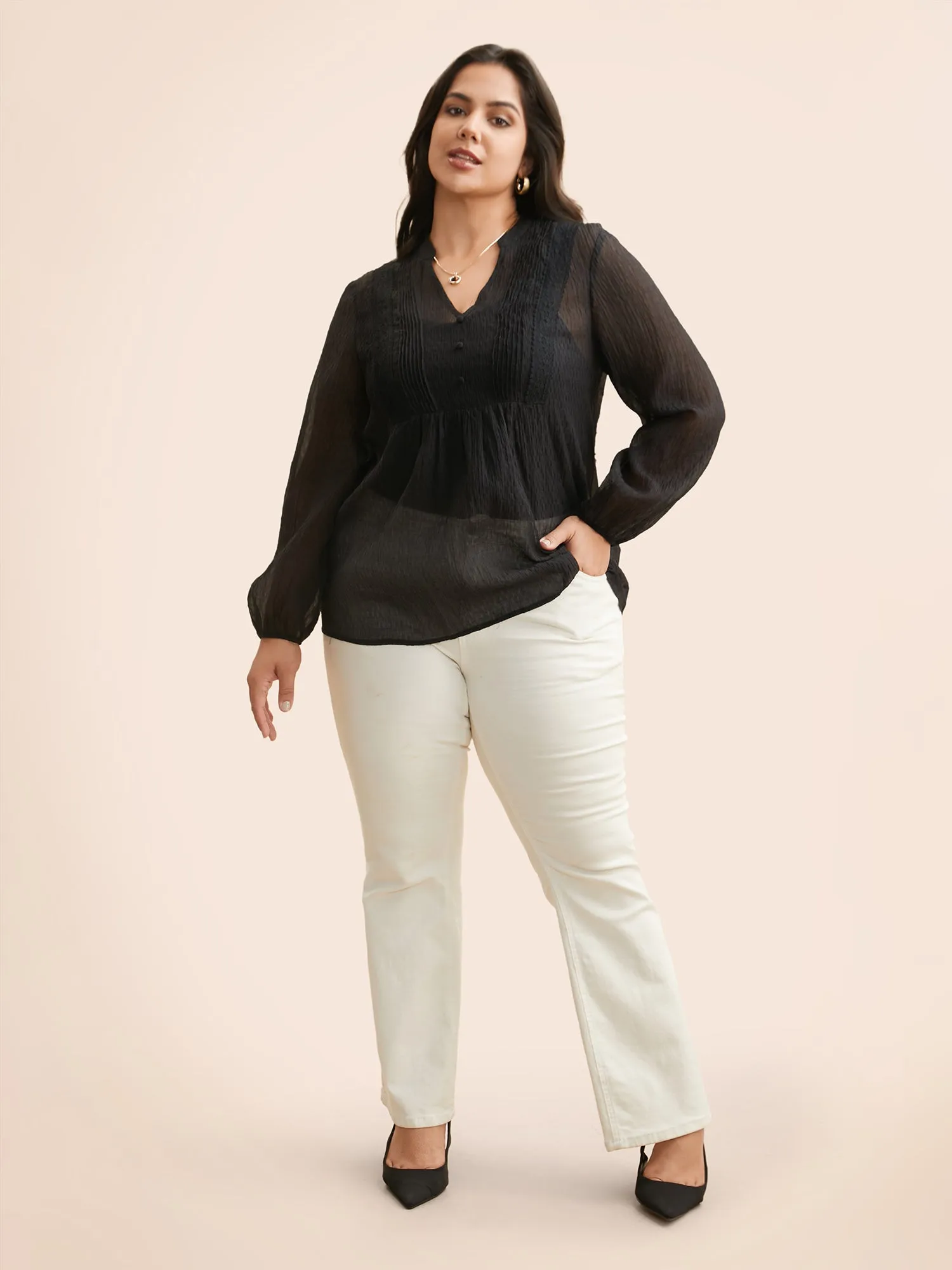 Textured Lace Panel Pleated Blouse sold by Bloomchic product image thumbnail 2