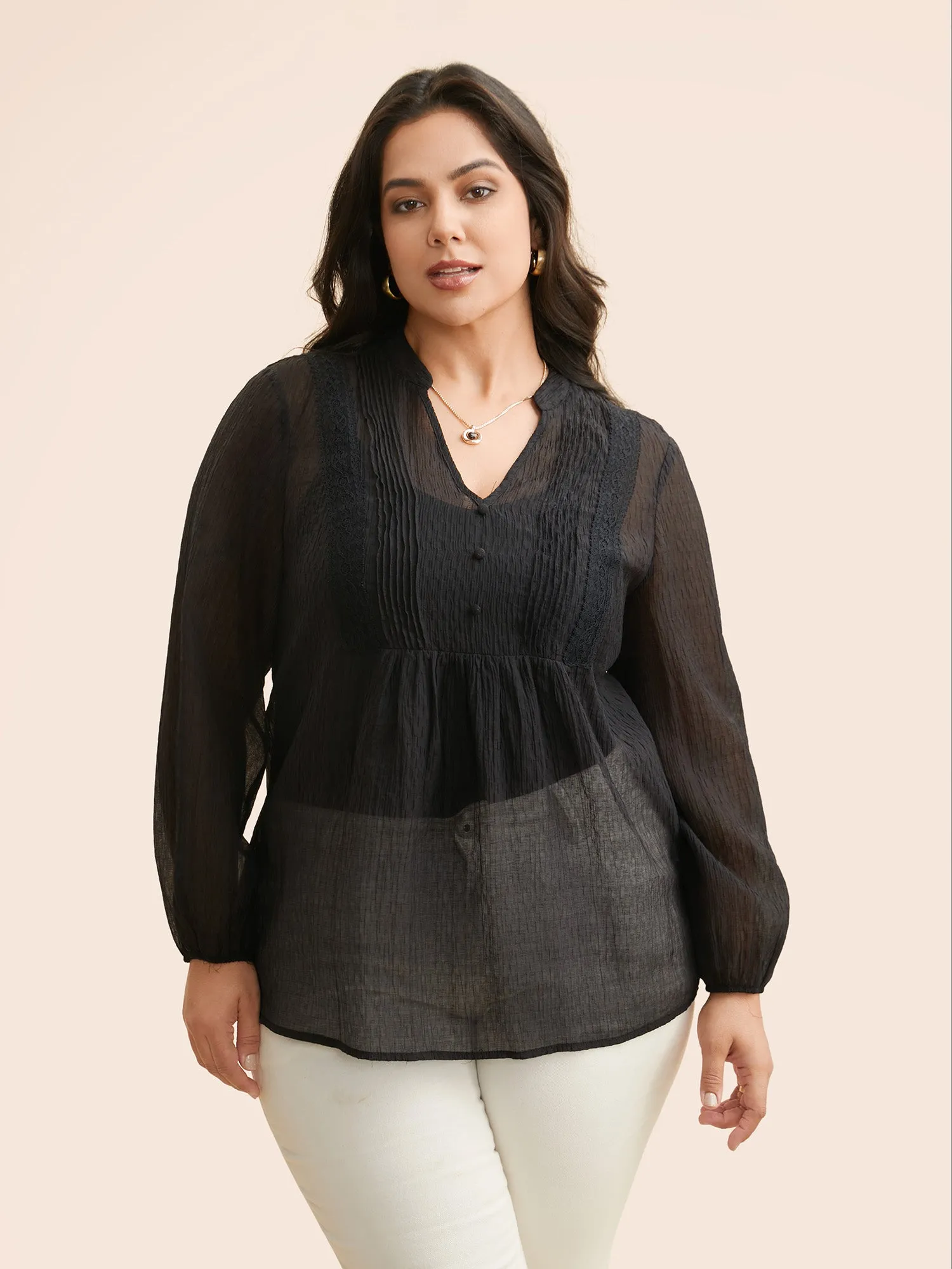 Textured Lace Panel Pleated Blouse sold by Bloomchic