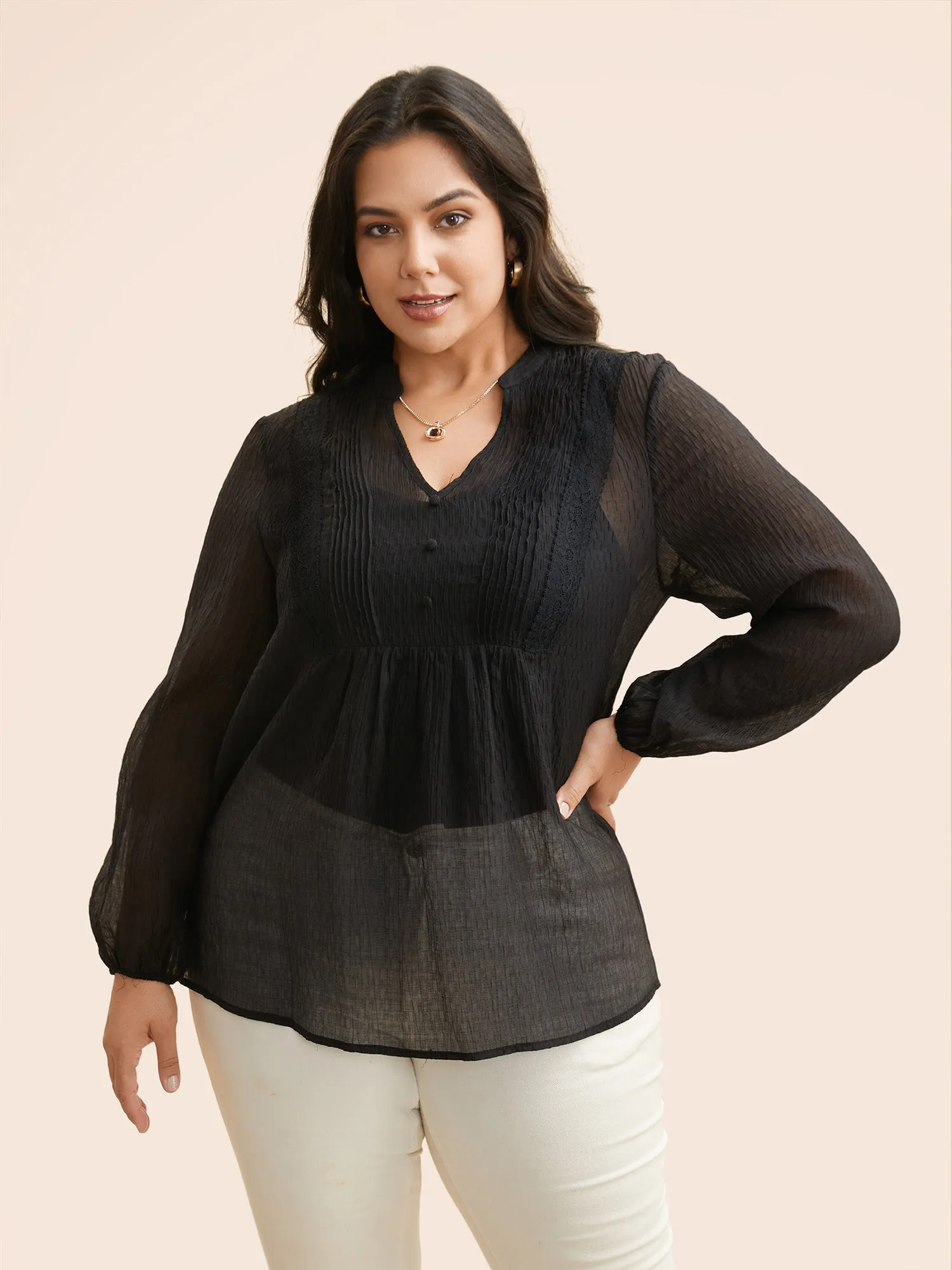 Textured Lace Panel Pleated Blouse sold by Bloomchic product image thumbnail 3