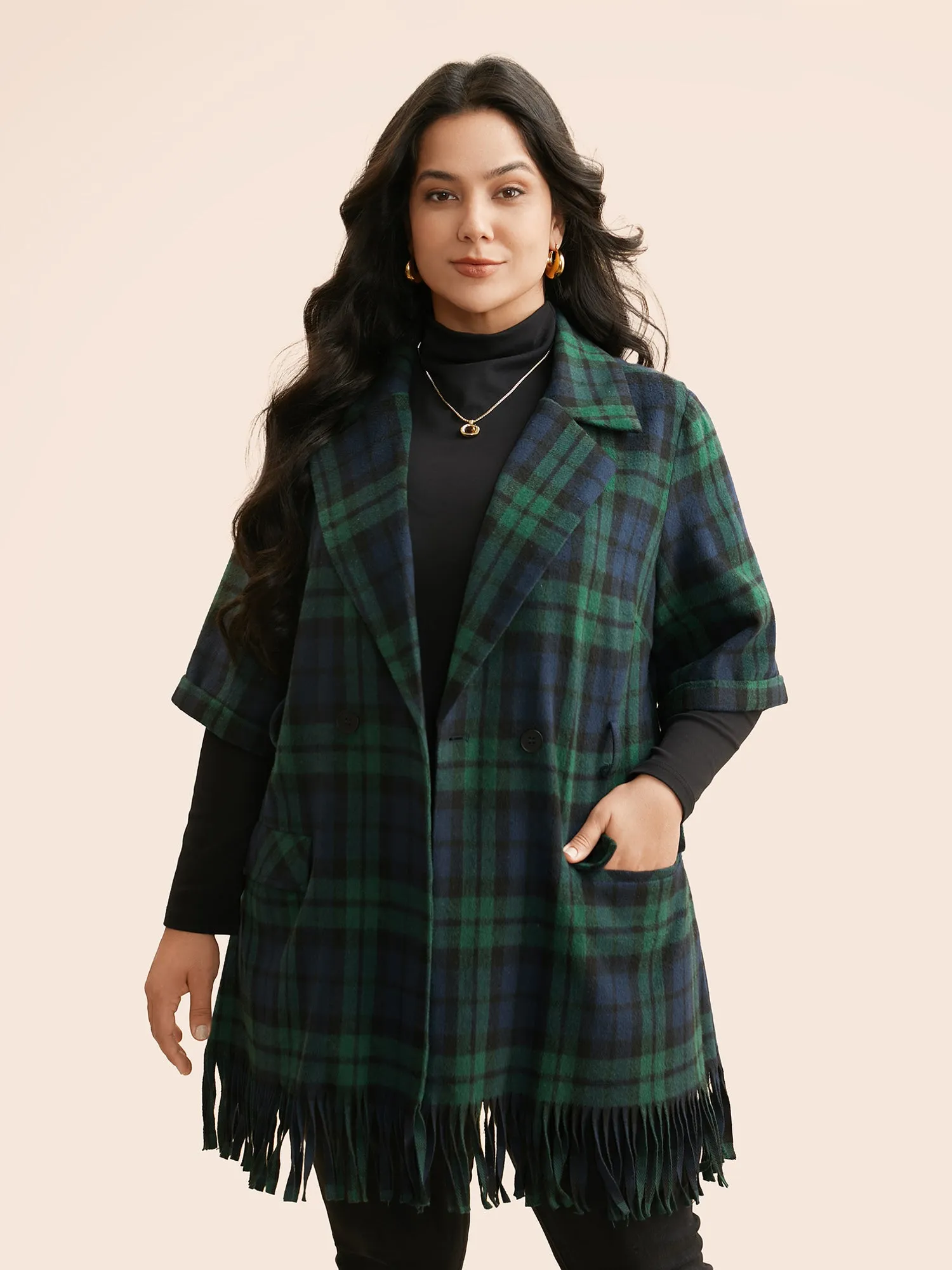 Plaid Tassel Trim Pocket Belted Jacket sold by Bloomchic product image thumbnail 5