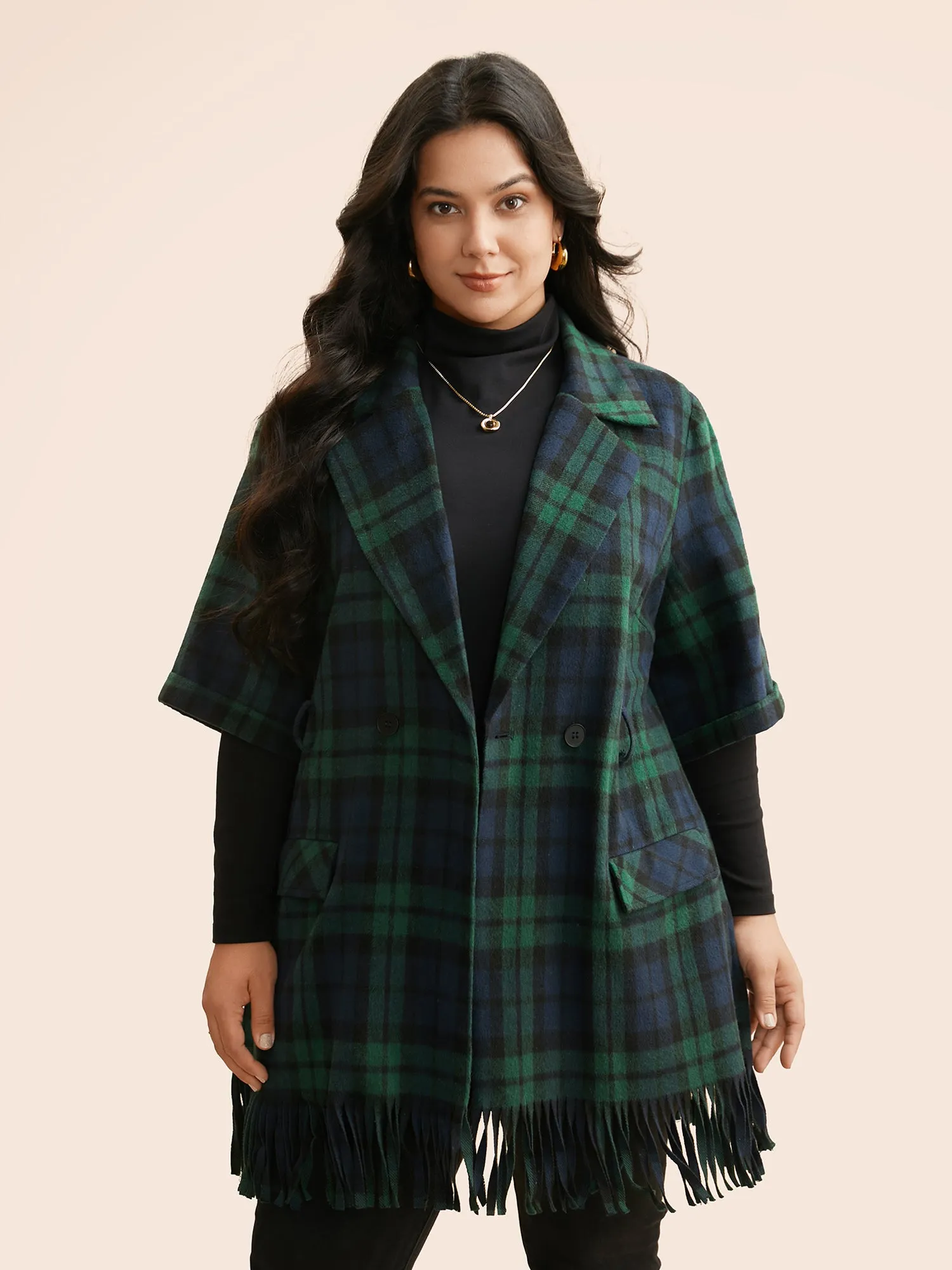 Plaid Tassel Trim Pocket Belted Jacket sold by Bloomchic product image thumbnail 3